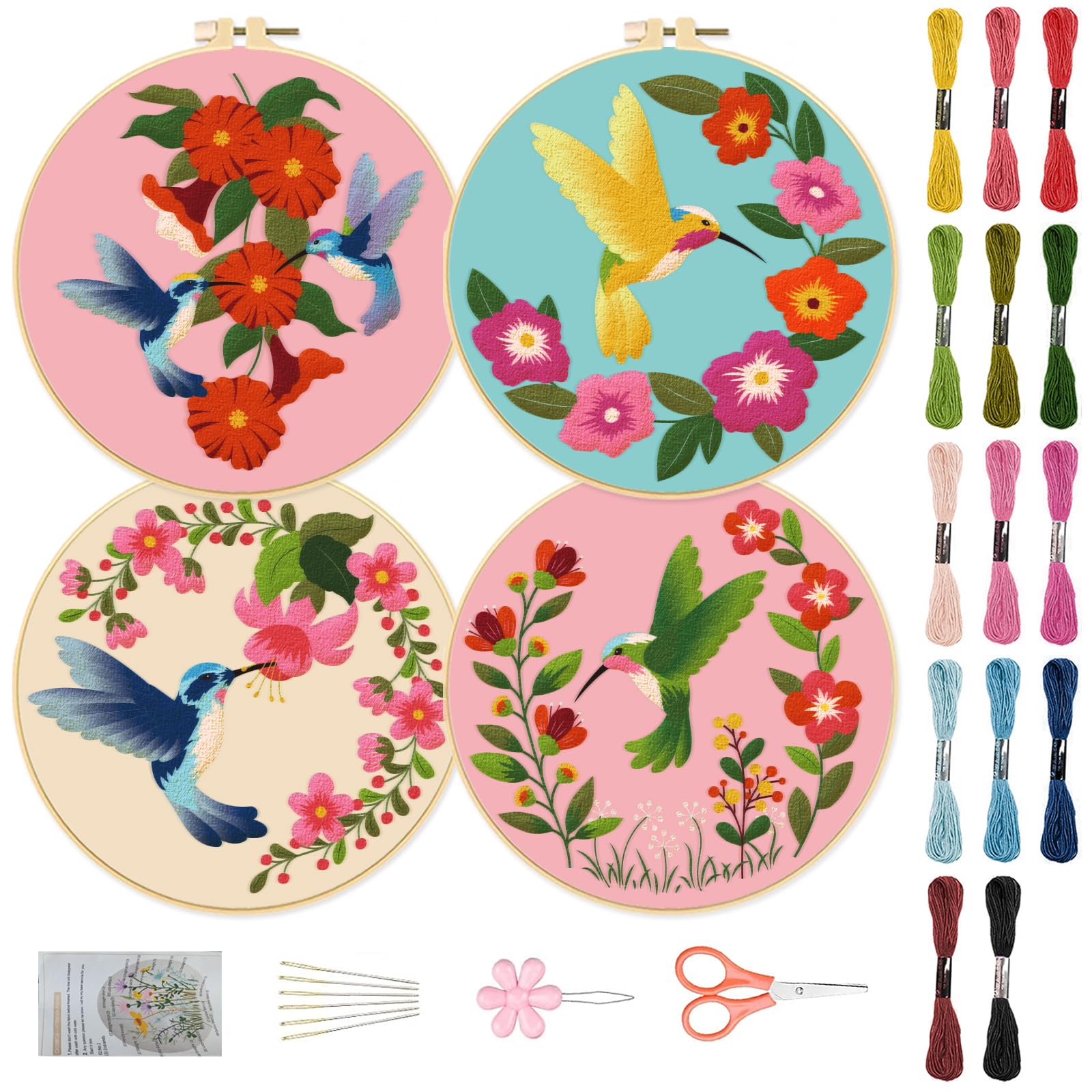 Kit Broderie 3 Kits Débutant Fleurs - Cercles, Tissu, Fils, Aiguilles Et Accessoires Complets