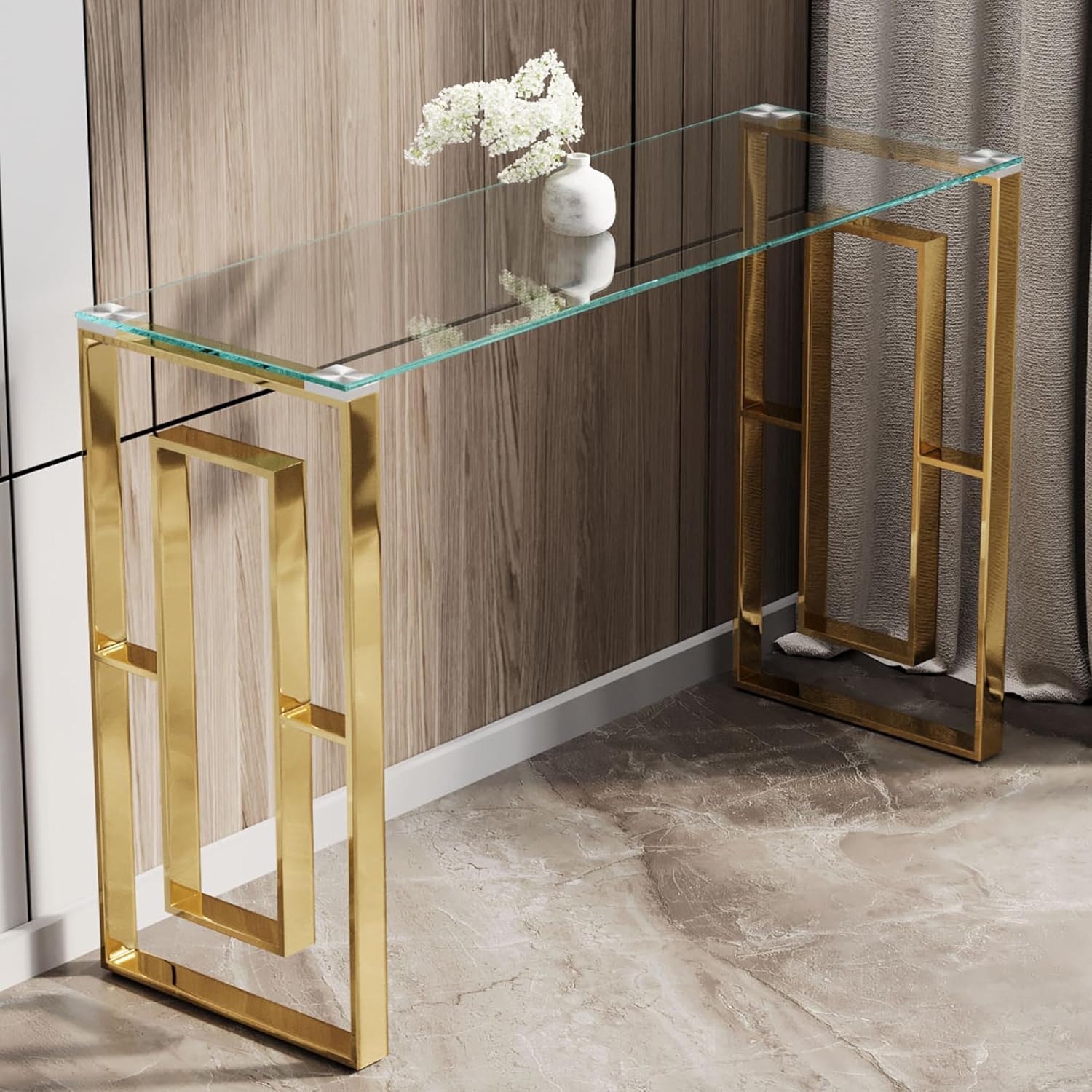 BOWEI Glass Console Table, Farmhouse Narrow Entryway Table with Gold Thickened Stainless Legs, 47-Inch Narrow Long Sofa Table for Entrance, Hallway, Foyer, Living Room, Easy Assembly