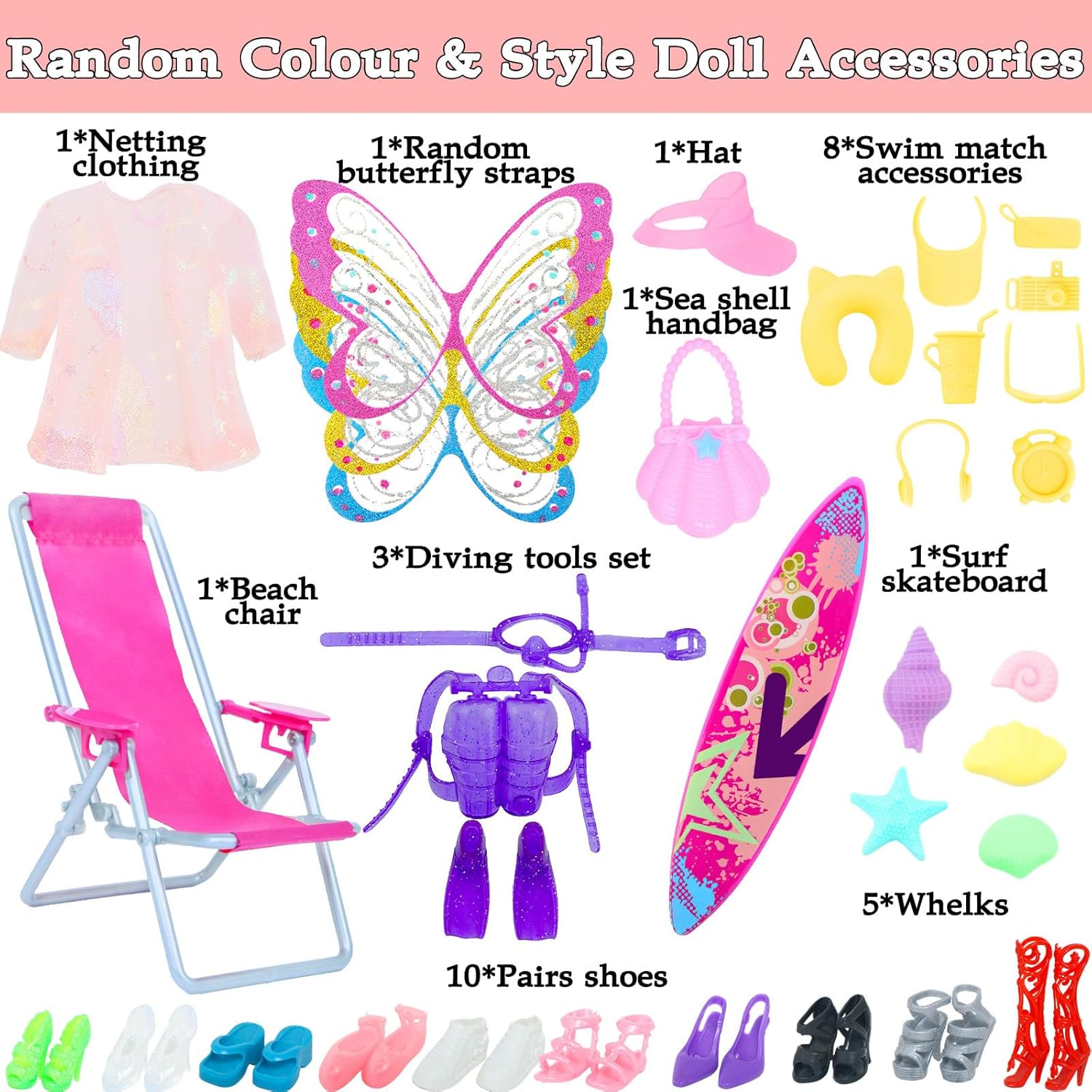 40 Psc Doll Swimsuits Set, Bikini Clothes and Accessories for 11.5 inch Girl Doll Beach Bathing Outfits, Fishtail Skirt, Beach Chair, Skateboard, 10 Pairs Shoes, Diving Suit and More