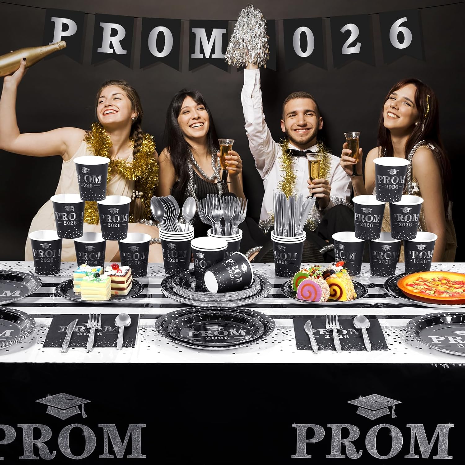 178 Pcs Prom Send off 2026 Plates and Napkins Serve 25, Disposable Paper Plates Napkins Set Banner Plastic Tablecloth Cups Knives Spoon for Class of 2026 Graduation Party Decorations Black and Silver