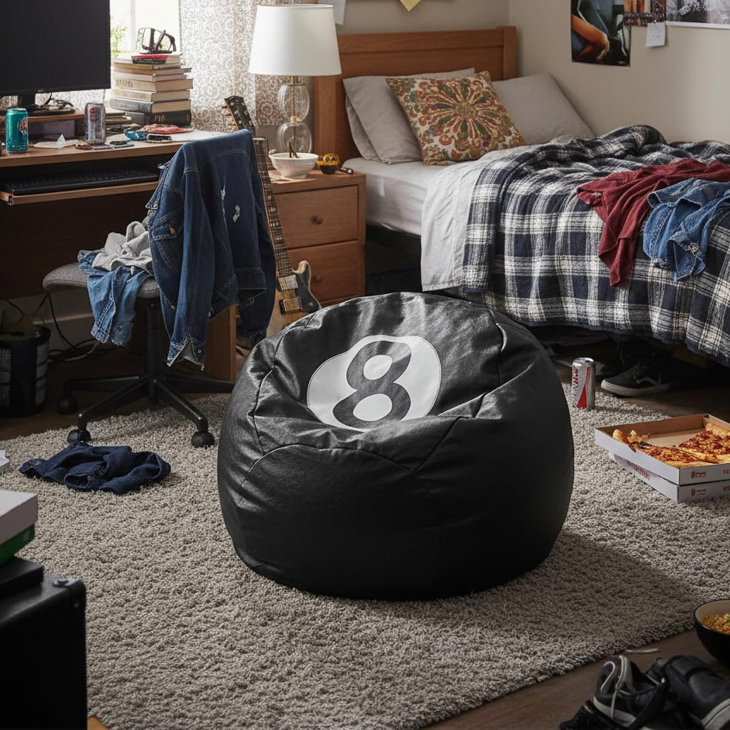 8 Ball Bean Bag Chair Cover Black 8 Ball Stuffed Leather Bean Bag Storage for Animal Organizing Plush Toys, Plush Toys Organizer PU Leather Black 8 Billiard Decor for Living Room (No Filling)