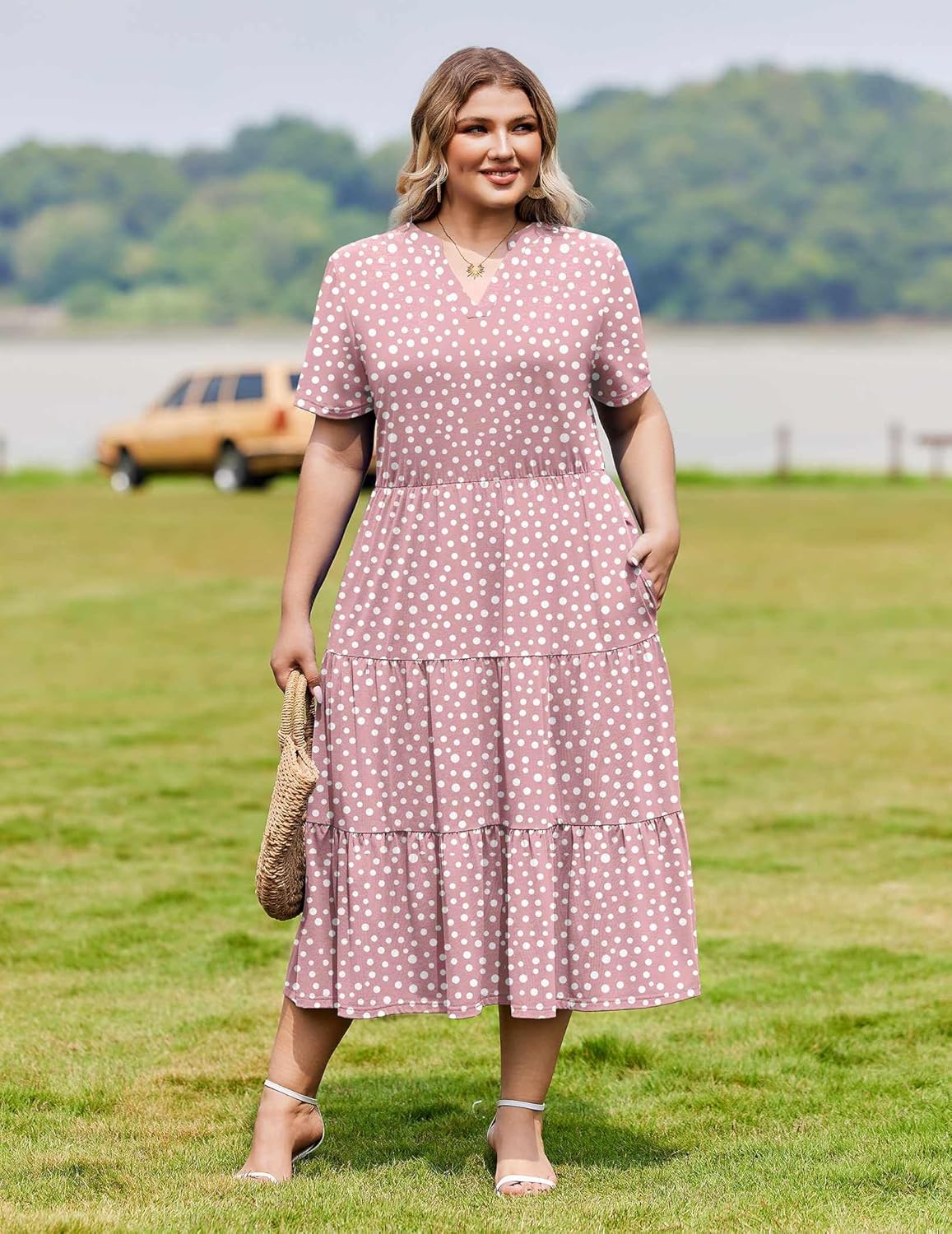 IN'VOLAND Women Plus Size Summer Dresses V Neck Short Sleeve Midi Dress with Pockets Flowy A-line Tiered Beach Sundress 1X-5X - Image 3