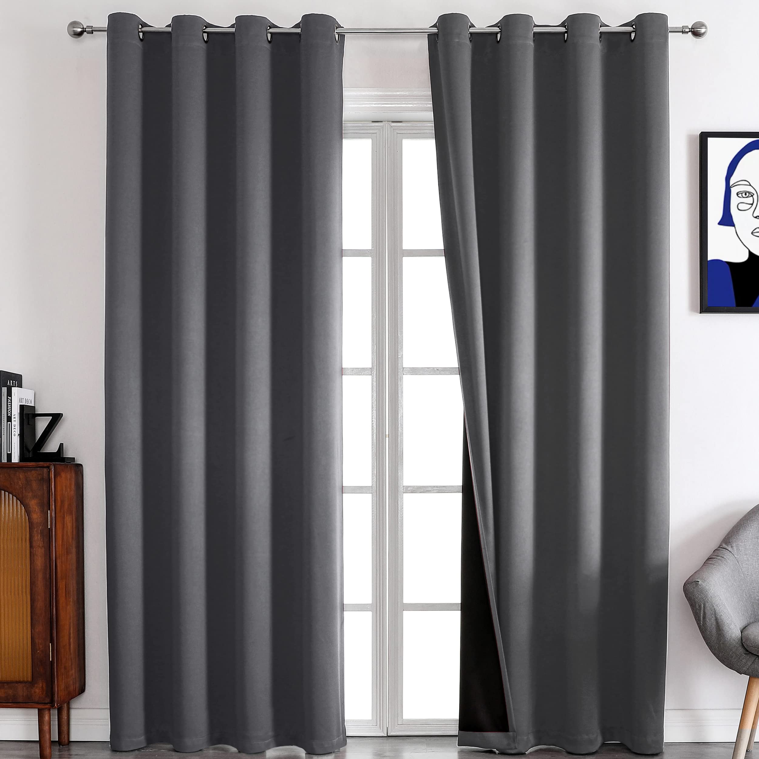 Rutterllow Total Blackout 340 GSM Curtains 2 Panels, Full Shade 84 Inches Long Complete Drapes for Living Room, Dark Grey Thermal Insulated Bedroom Window Treatment Drapes (Gray, 52 x 84 inch)