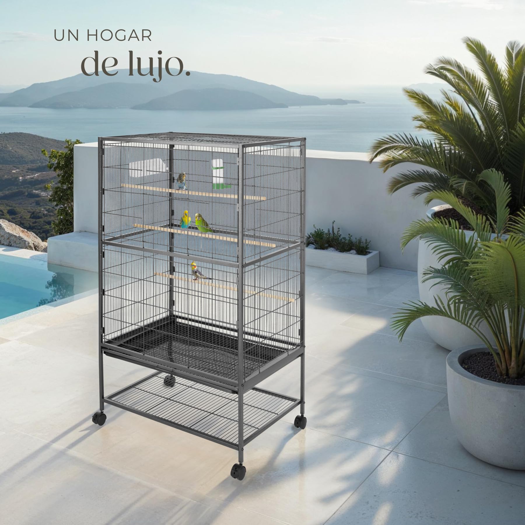 tectake® Pajarera con Ruedas Bloqueables y Bandeja Extraíble, Jaula Pajaros para Loro, Canario, Ninfas y Periquitos, Incluye Comedero, Bebedero y Rejilla Inferior Segura - 78 x 52 x 131 cm