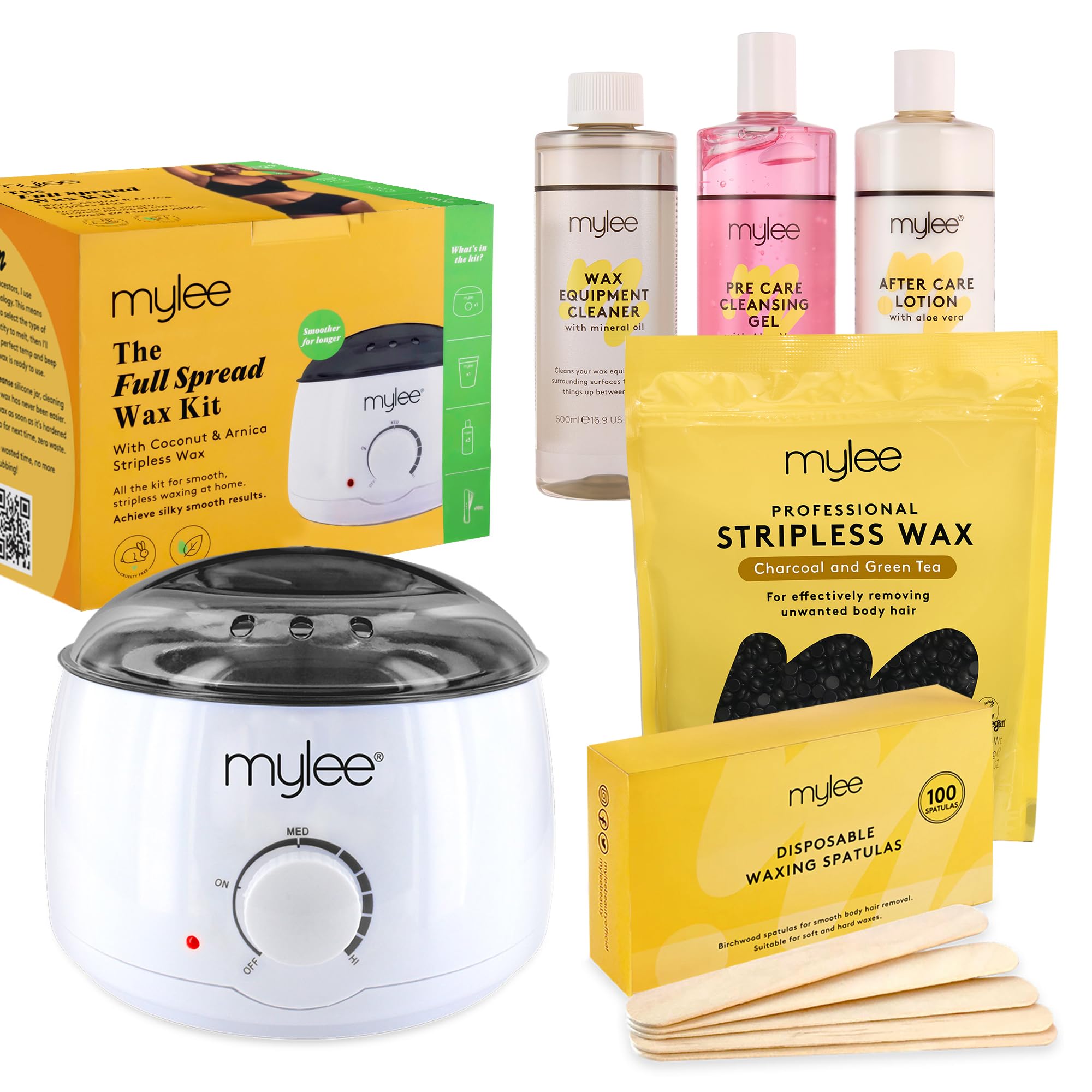 Mylee Professional Complete Waxing Kit with Wax Heater, Hard Wax Beads 500g, Applicator Spatulas, Pre & After Care Gel, Equipment Cleaner (Charcoal & Green Tea)