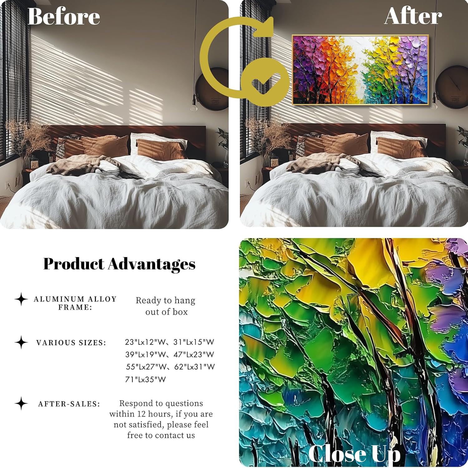 Colorful Abstract Wall Art,Tree Pictures Wall Decor,Cuadros Abstractos Para Sala Modernos,Abstract Textured Painting Hand Painted Wall Art,Colorful Decor for Home,Bedroom,Bathroom,Large Ready to Hang (Gold Frame, 39" L x 19" W, Framed)
