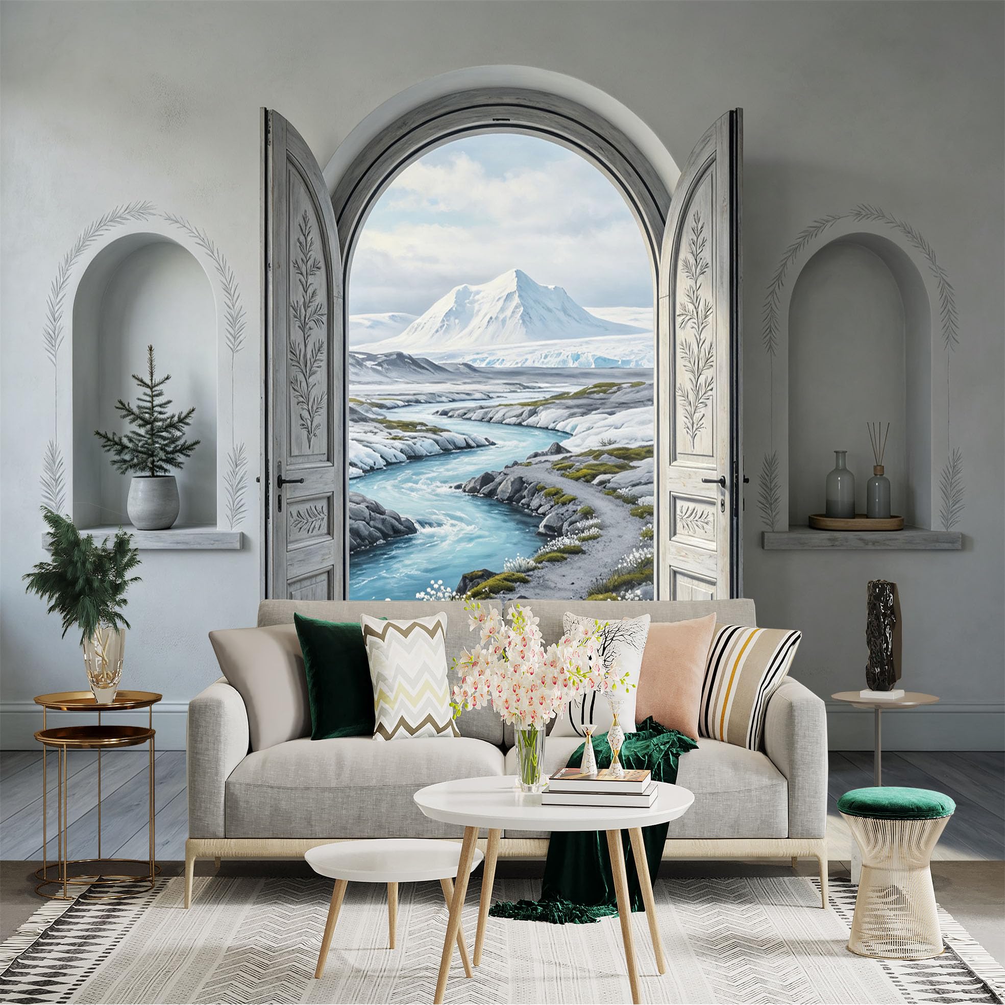 Lnzczhyre Bh260719797 Custom Size Wall Sticker Mural， Open Doorway View Of Snowy Mountain And Glacial River， Nature Landscape， For Wall Decoration， Peelandstick Wall Decals.
