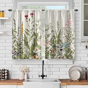 Jekeno Green Plant Floral Kitchen Curtains - Spring Flowers Botanical Butterfly Short Curtains Wildflower Decor Tiers for Home Dining Living Room Rod Pocket Window Drapes 2 Panels Set, 28"x36"