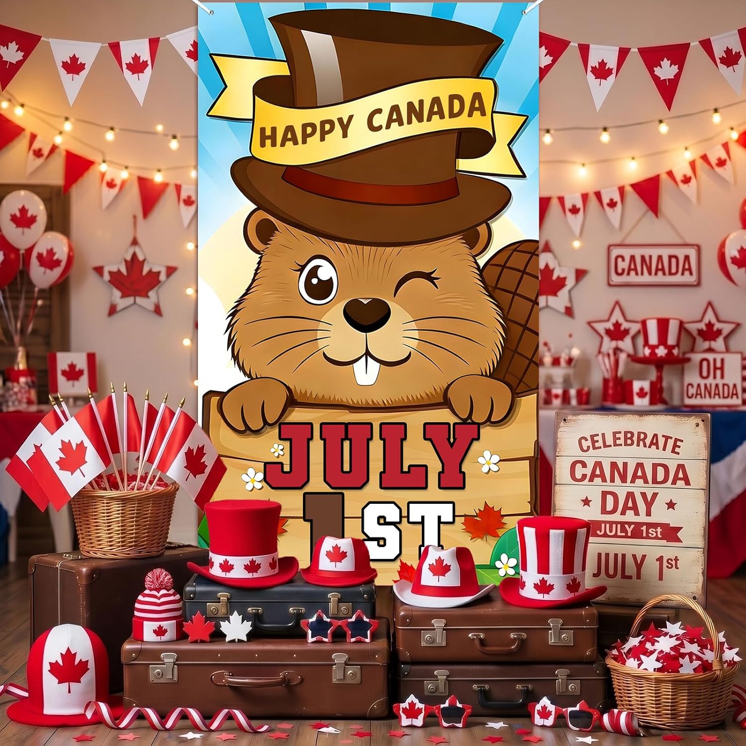 Canada Day Door Banner Canadian Patriotic Decorations Cute Beaver Cartoon Flag Hanging Poster Happy July 1st Maple Leaf Entrance Way Outdoor Home Front Wall Welcome Decor