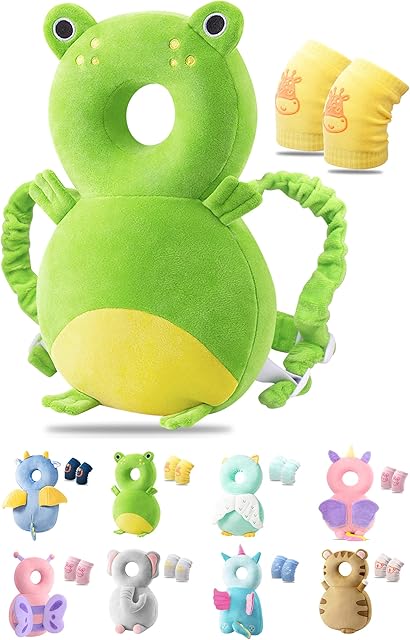 JEJA Baby Head Protector Backpack and Baby Knee Pads for Crawling, Adjustable Head Back Protection Safety Pads for 4-24 Months Toddler Baby Walking, Frog
