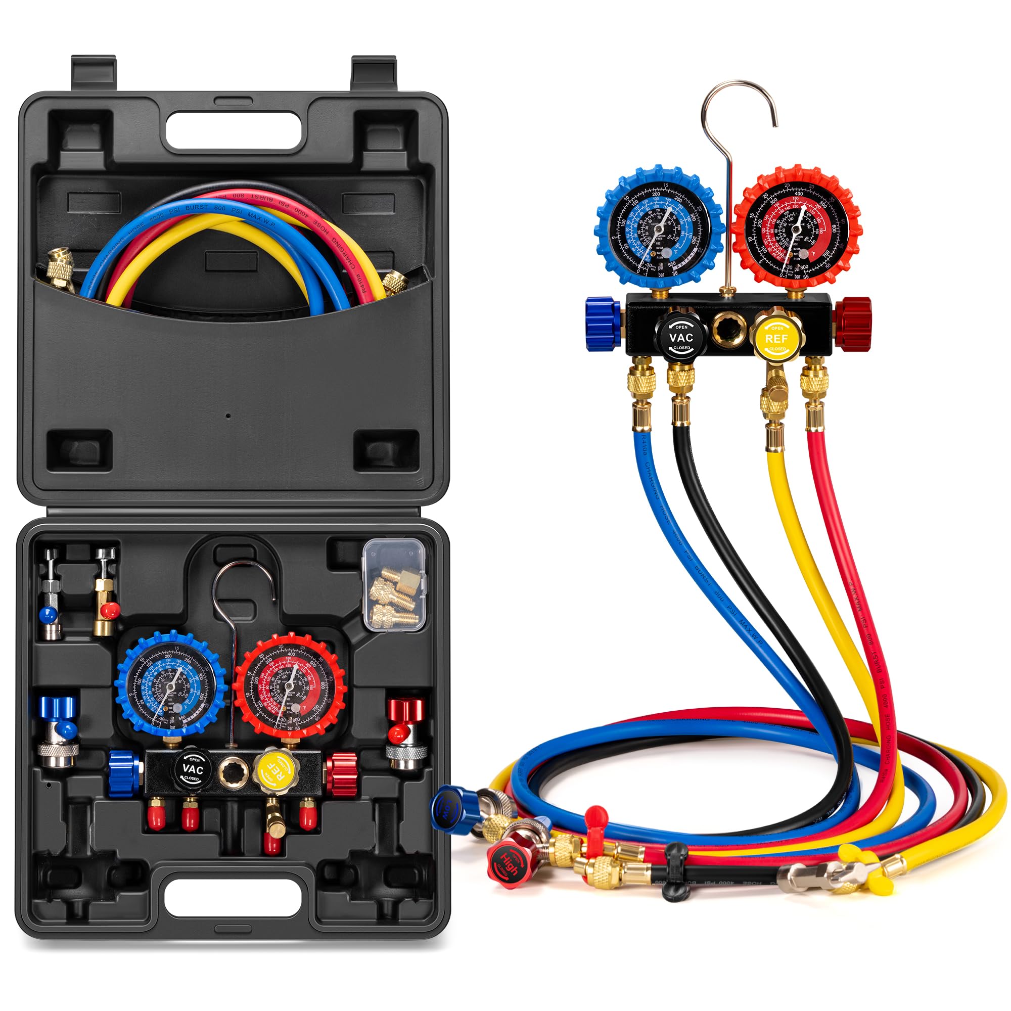 VIVOHOME HVAC Manifold Gauge Set for R134a R410a R22 R32 Refrigerant, 4 Valve Automotive AC Gauges with 5ft Hoses for Car Freon Charging and Evacuation
