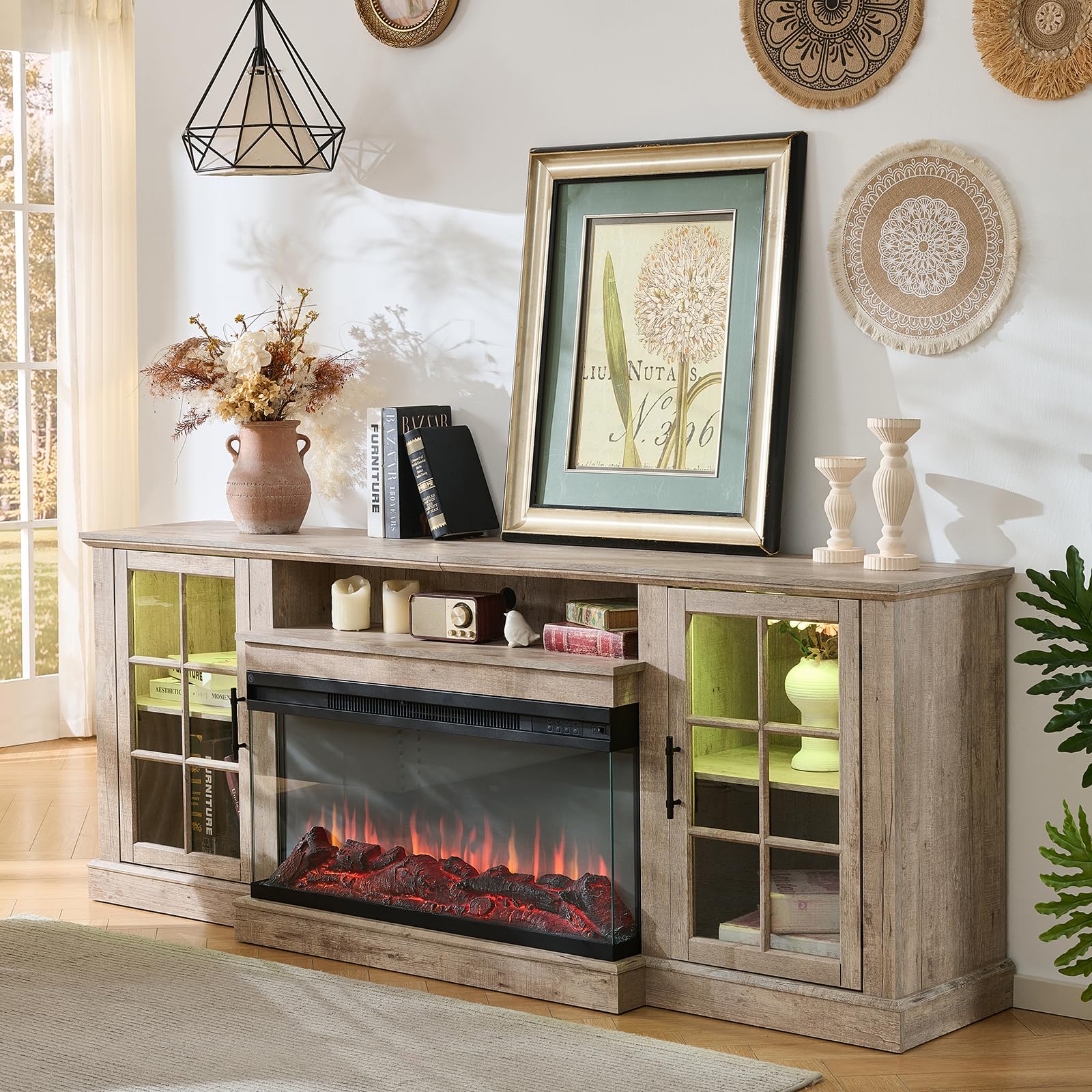 ROCKPOINT 3 Sided Glass 70" Fireplace TV Stand for TVs up to 80inch, Media Entertainment Center with Glass Door Storage Cabinet,36" Electric Fireplace