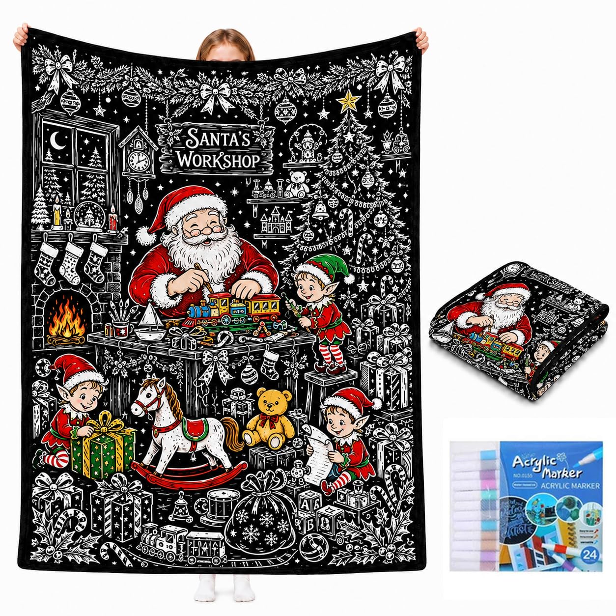 SHUZHENG DIY Christmas Coloring Blanket for Adults & Kids,with 24 Markers