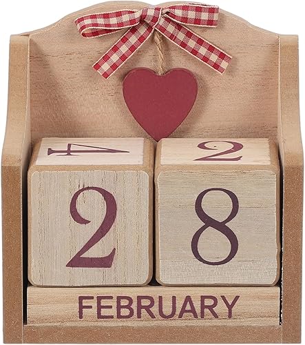 uxcell Calendario de escritorio de madera, bloque de madera, calendario perpetuo vintage con 5 bloques y corazón, reutilizable, para escritorio,