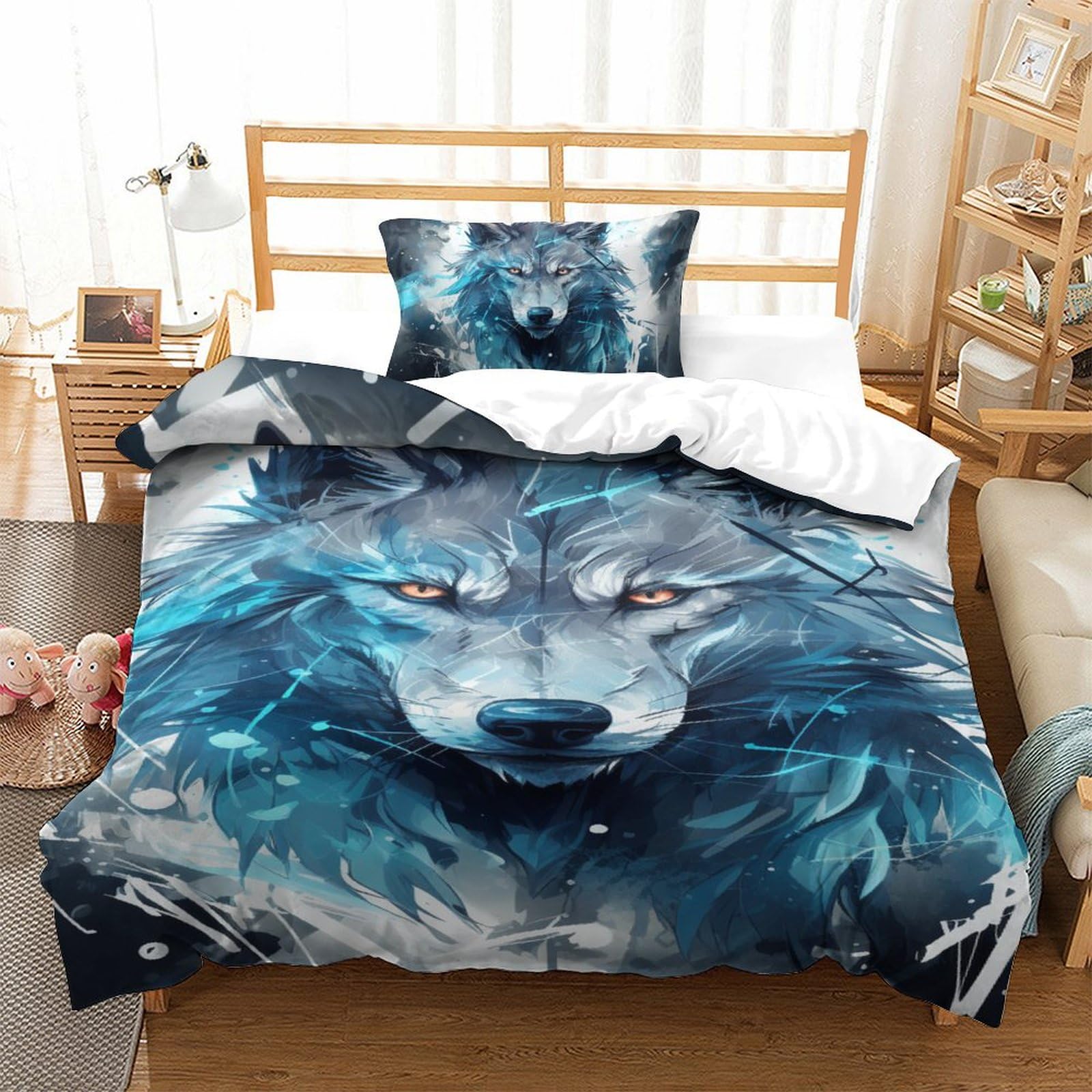 Housse de couette loup 135x200 microfibre avec taie d'oreiller pour lit simple