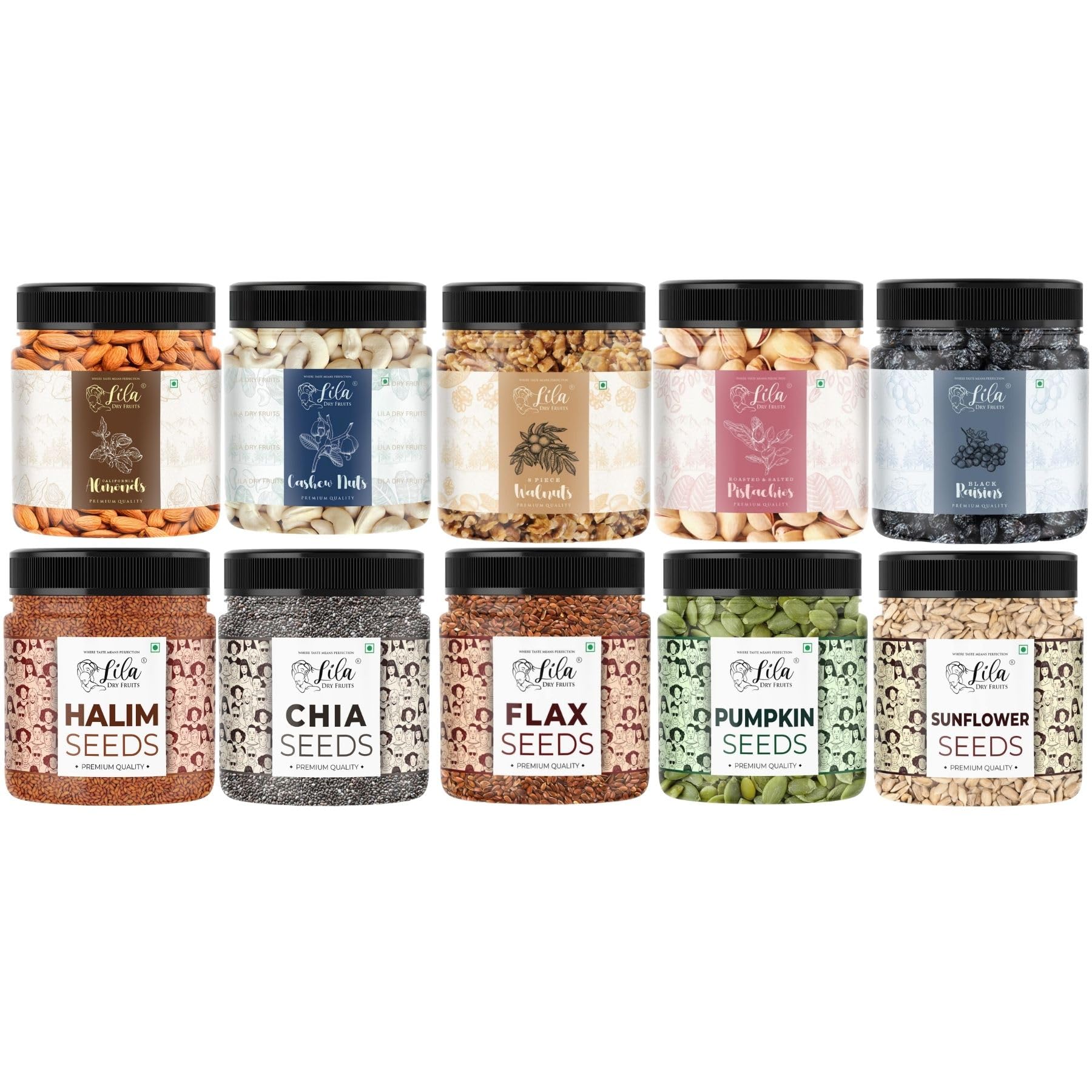 LILA DRY FRUITS Protein & Energy Combo Pack 10 in 1 (100g x 10) Almonds Cashews Walnuts Pistachio Black Raisins with Pumpkin Sunflower Flax Chia Halim Seeds Mix for Healthy Snacking & Daily Nutrition-image-22