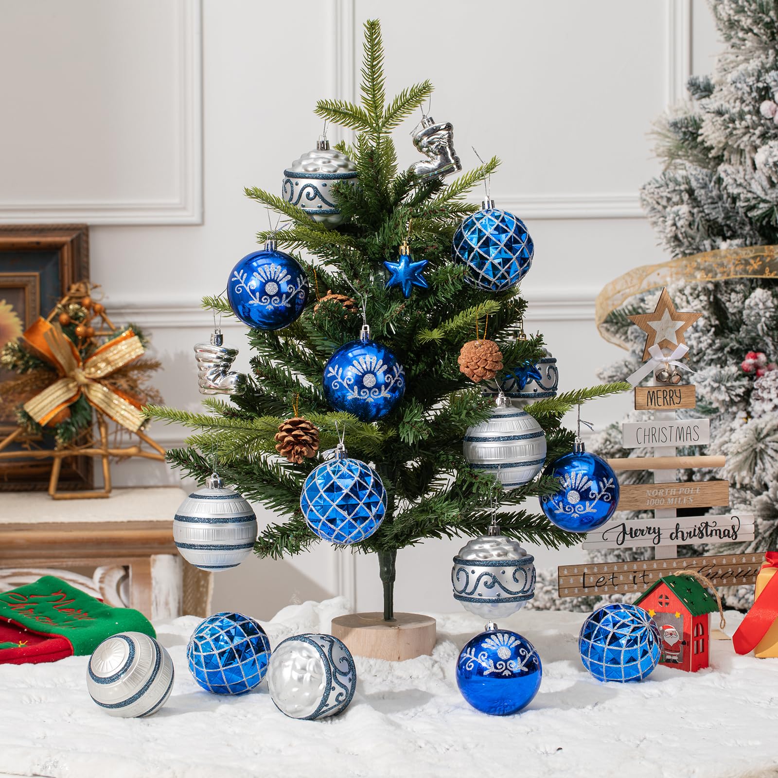 Juego de 150 adornos de bolas de Navidad, bolas de Navidad inastillables, colgantes surtidos para árbol de Navidad, fiestas, vacaciones, decoración del hogar (azul y plateado)