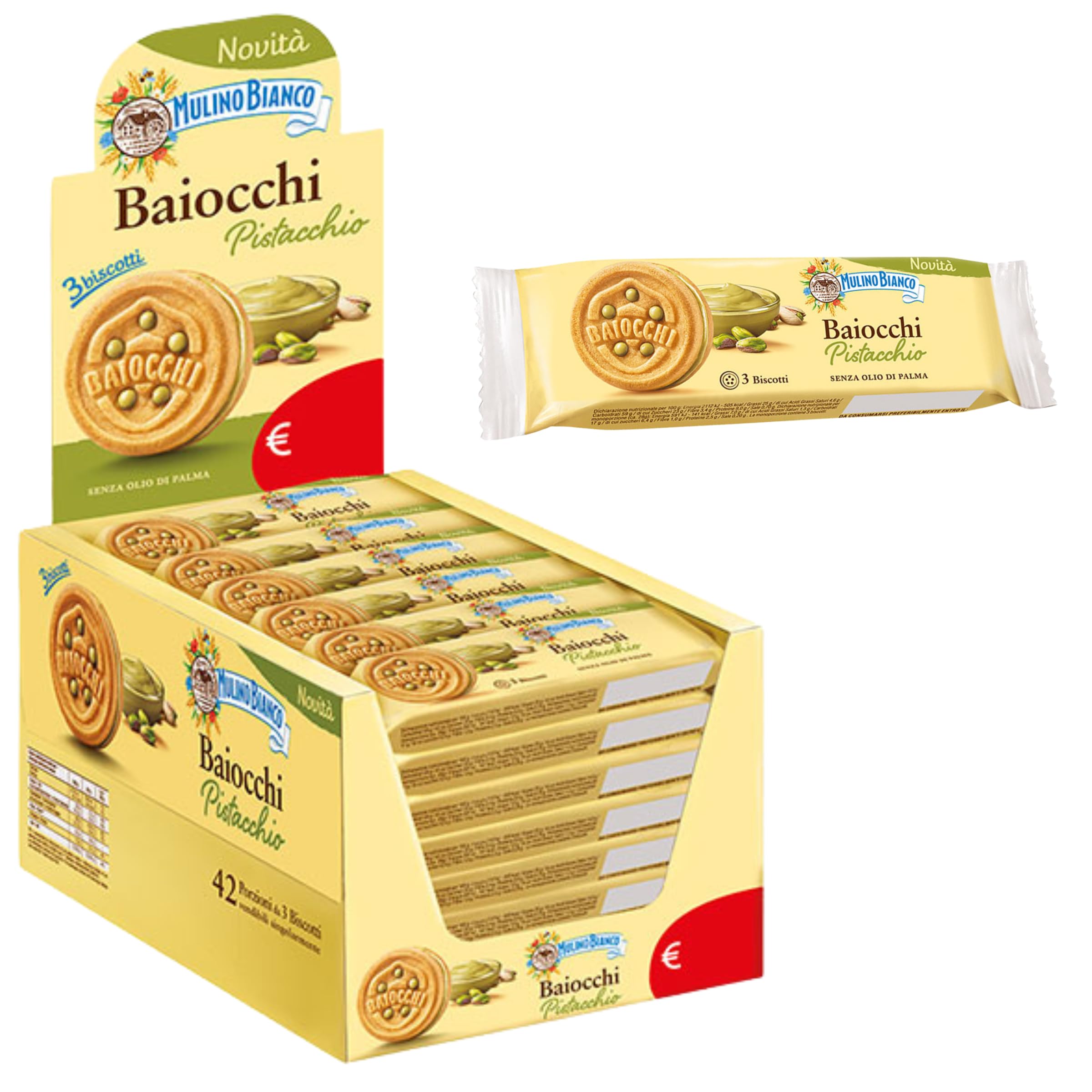 Mulino Bianco Baiocchi Pistacchio Confezione da 42 Snack T3 Biscotto Ripieno con Crema al Pistacchio