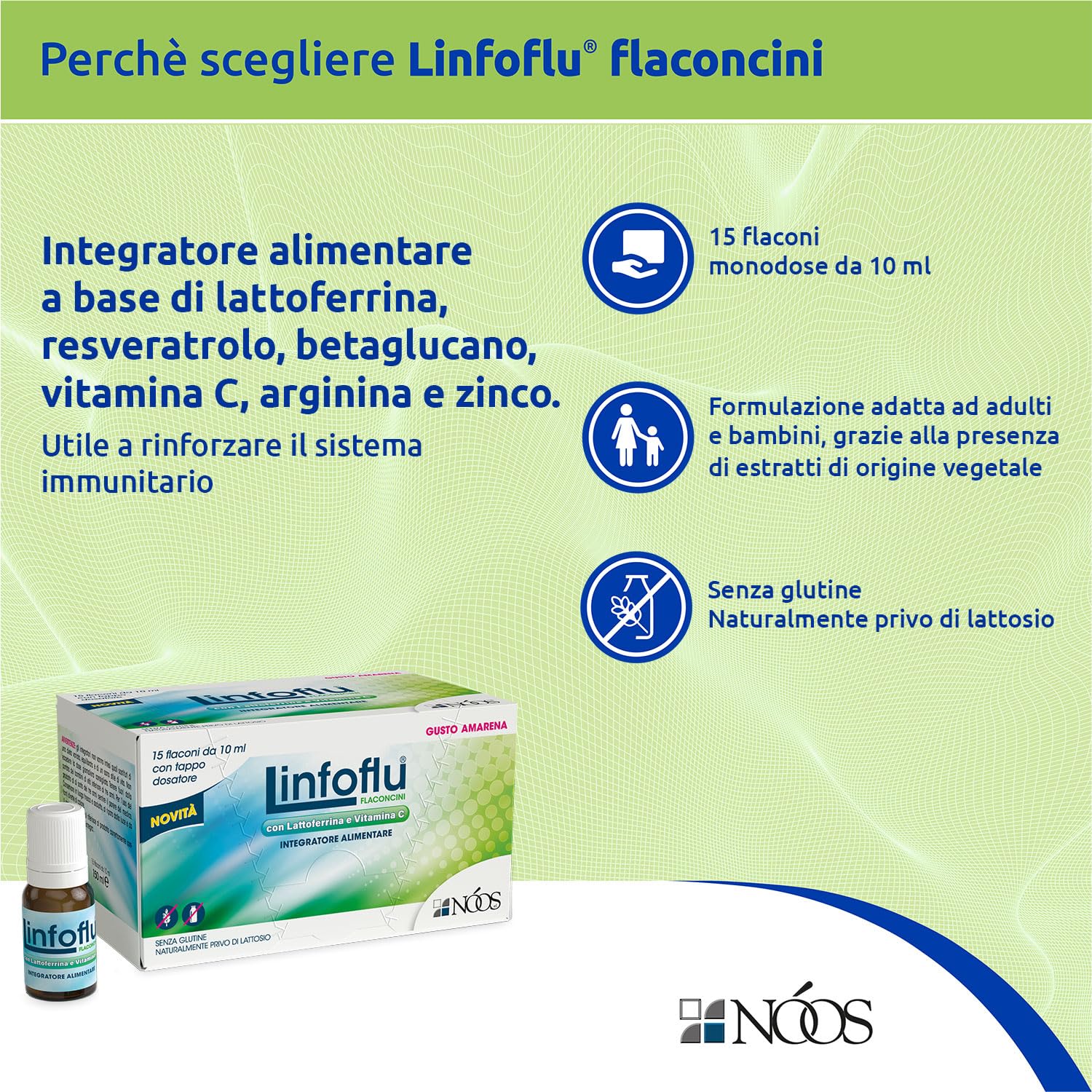 Nóos Linfoflu® Integratore Difese Immunitarie 15 Flaconcini da 10ml con Lattoferrina, Resveratrolo, Vitamina C e Zinco Integratore per Adulti e Bambini Riduce Stanchezza e Affaticamento Gusto Amarena