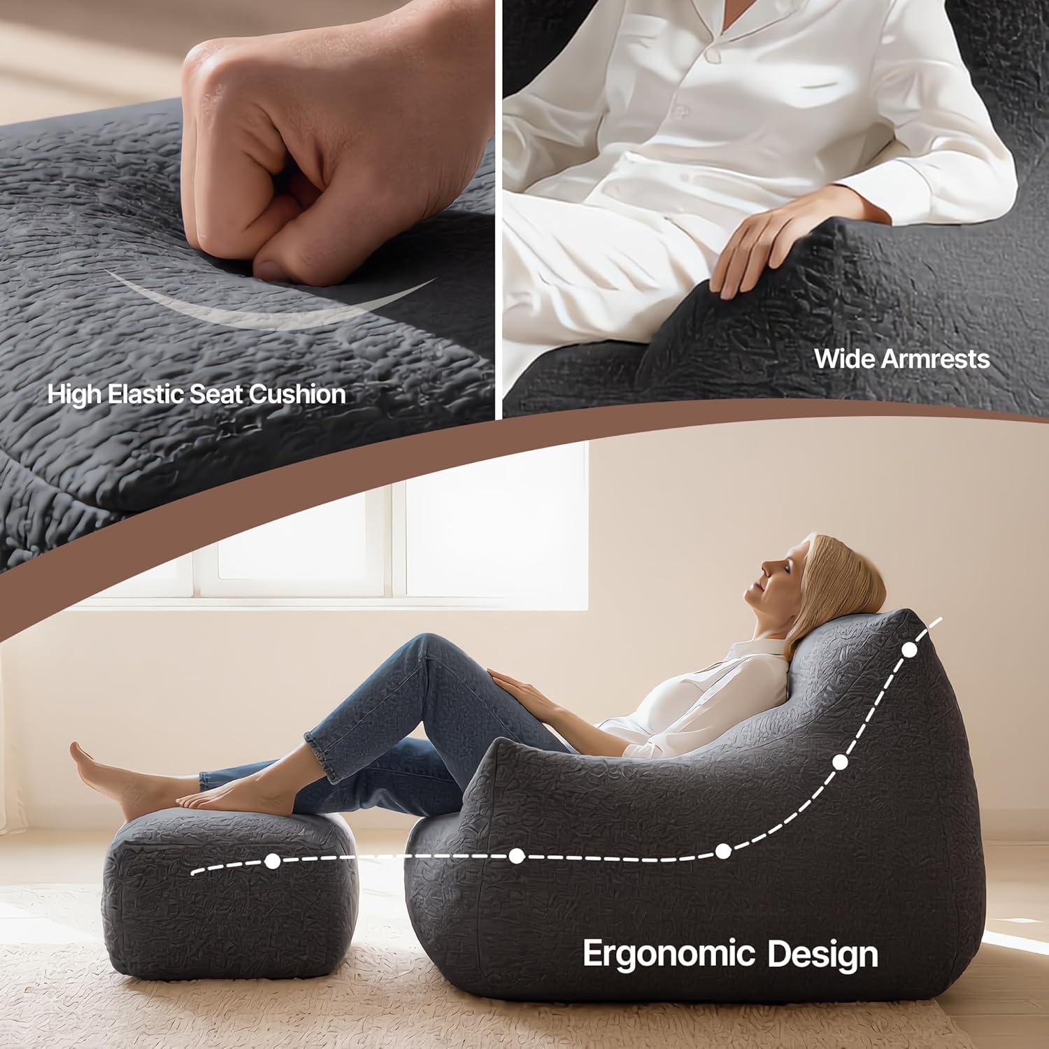 KISLOT Cloud Large Bean Bag Chair with Ottoman for Adults,Ultra Soft Bean Bag with Armrests,Stuffed BeanBag Chair for Napping, Gaming,Vacuum-Compressed for Easy Gifting,48 Hours to Fluffs Up,Dark Gray