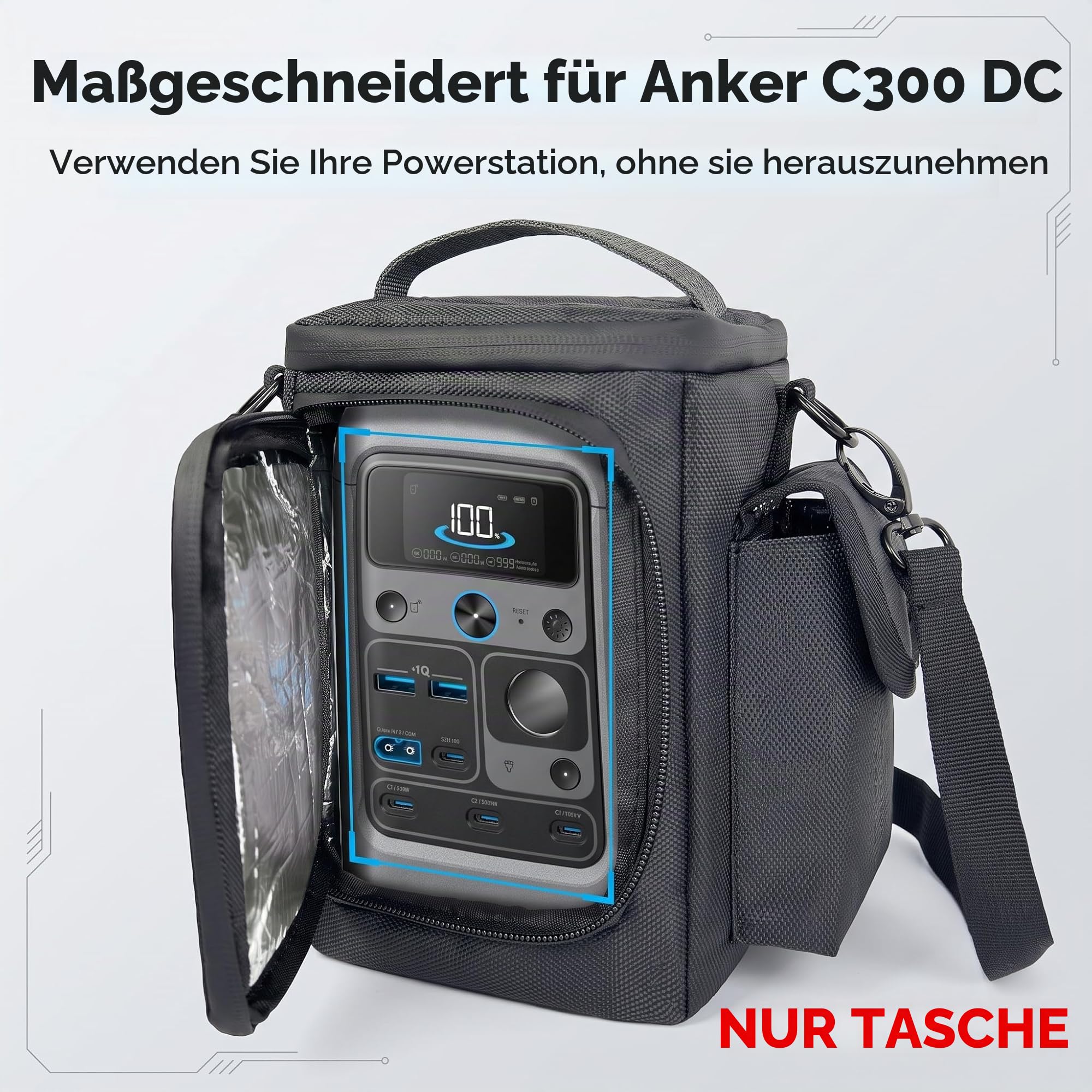 Wasserdichte Reisetasche Kompatibel mit Anker SOLIX C300 DC Power Bank Station Outdoor 288Wh 90000mAh Aufbewahrungstasche mit Zwei Taschen und Verstellbarer Gurt