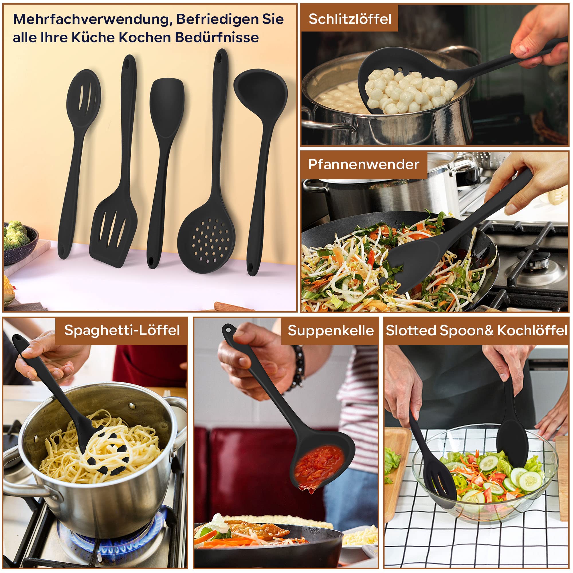 Küchenhelfer Set, Onader 12 teiligs Silikon Kochutensilien Kochbesteck Set, Antihaft Hitzebeständiger Kochgeschirr Küchenutensilien Set mit Utensilienhalter, Spülmaschinengeeignet - Schwarz