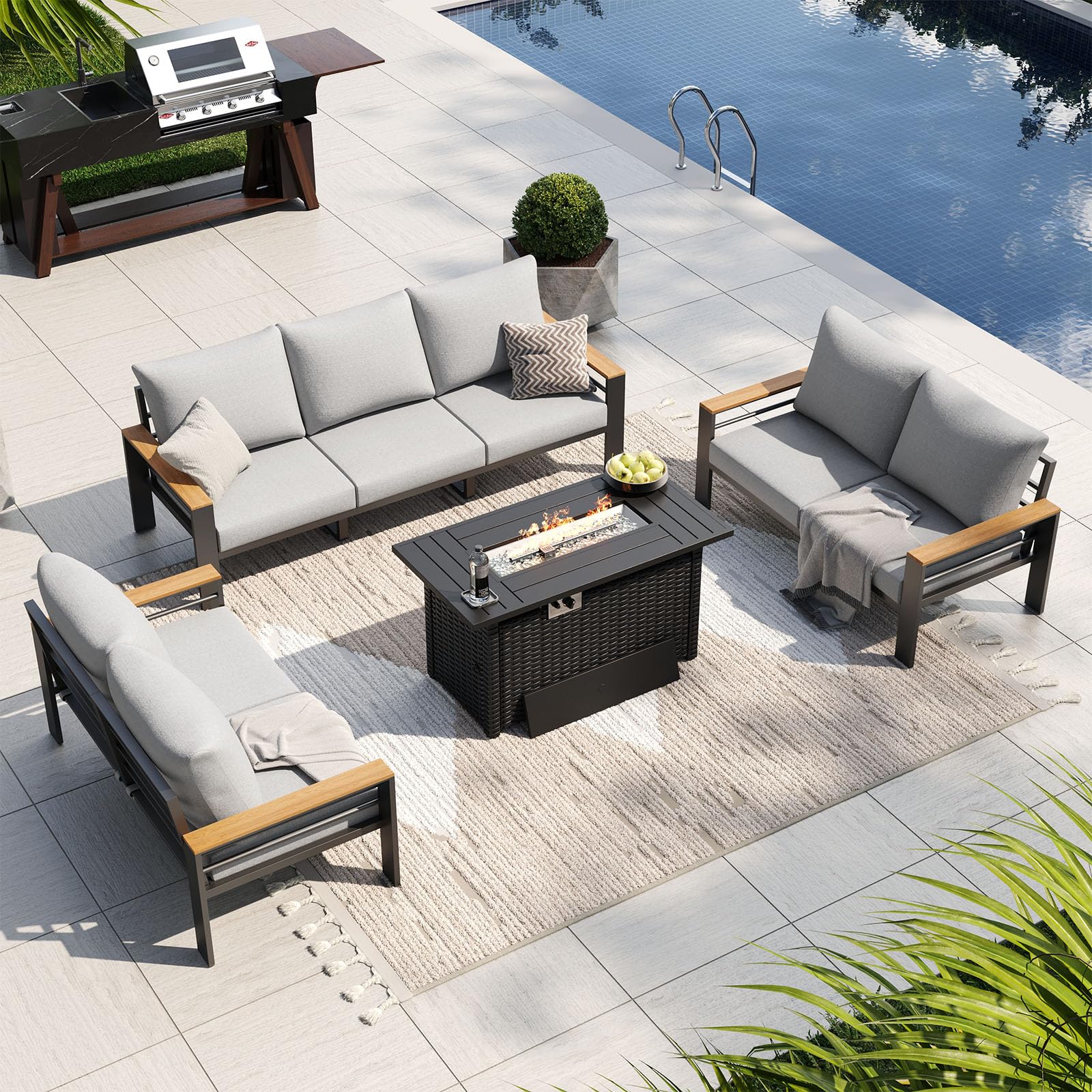 Aoxun Patio Furniture Set, Aluminum Outdoor Furniture with Fire Pit Table