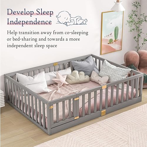 Miniatura 13 de Tatub Cama Montessori de suelo individual con rieles altos, marco de cama Montessori de madera maciza para niños, la entrada se puede instalar a