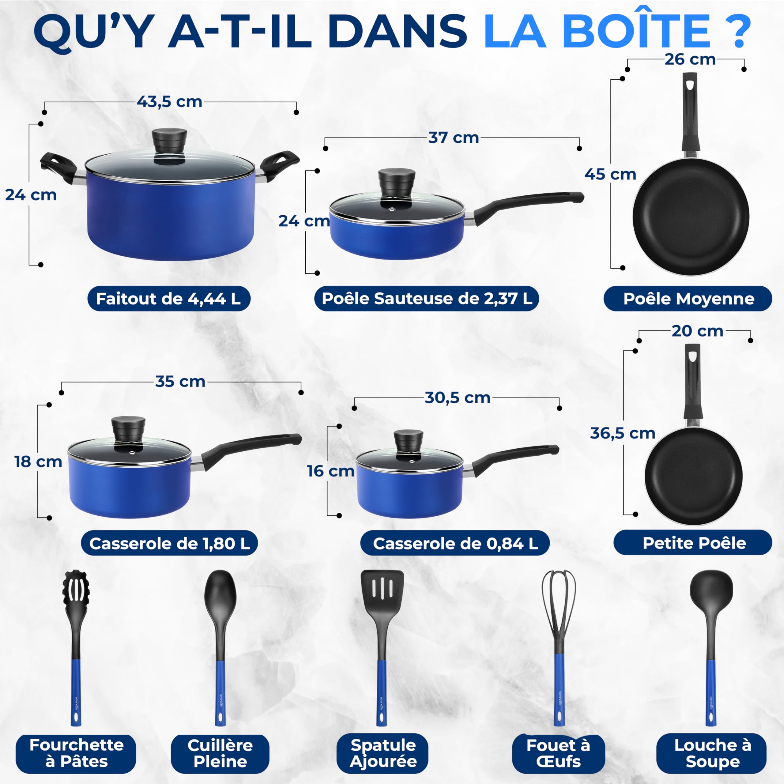 SereneLife Batterie de Cuisine 15 Pièces Bleue – Casseroles et Poêles Antiadhésives avec Couvercles, Résistantes à la Chaleur, Lave-Vaisselle Inclus, Bleu