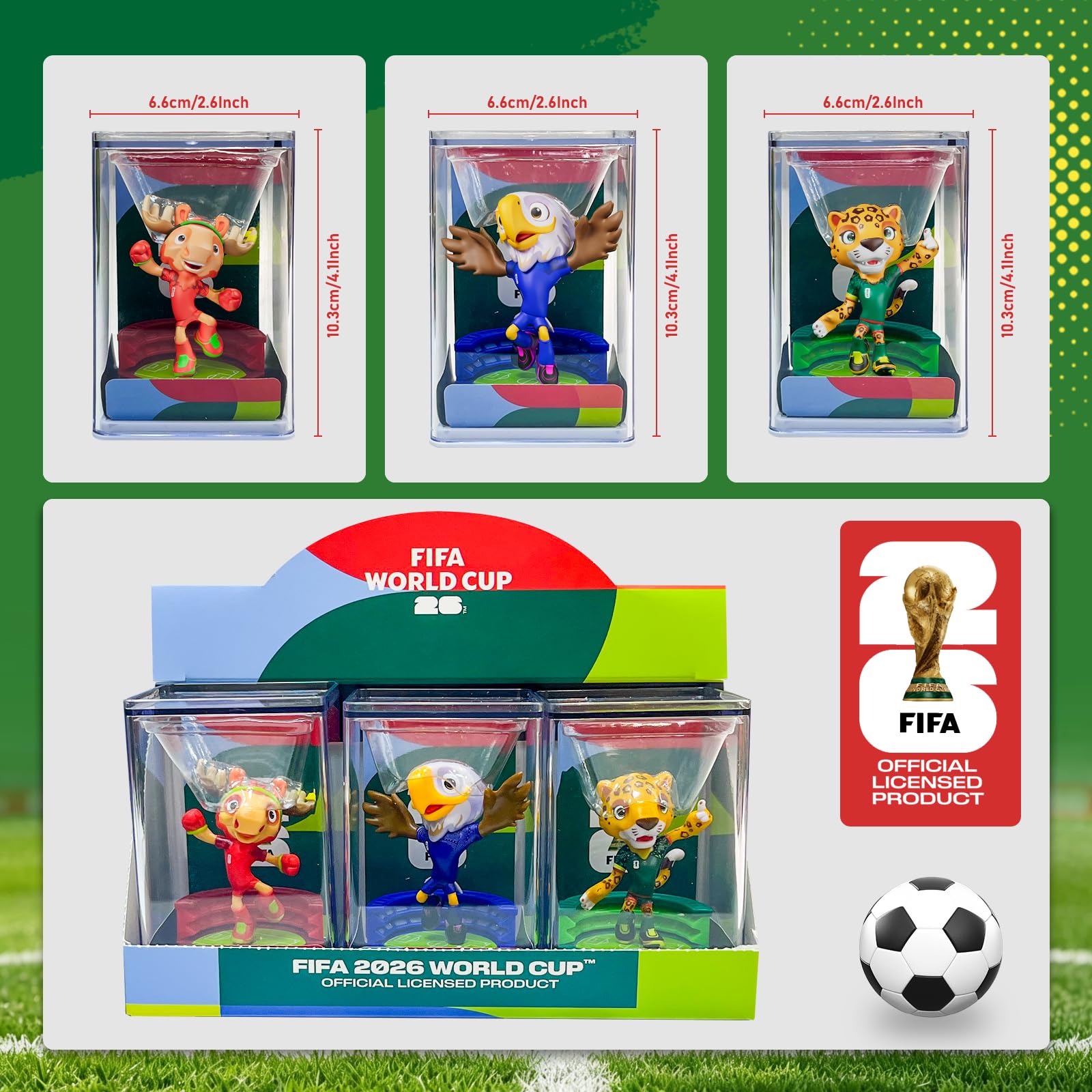 DICEKOO Ensemble mascotte de la Coupe du monde FIFA 2026 7,6 cm (érable, Zayu, pochette) | Style énergétique | Sous licence officielle | Figurines de collection, idée cadeau pour les fans et les