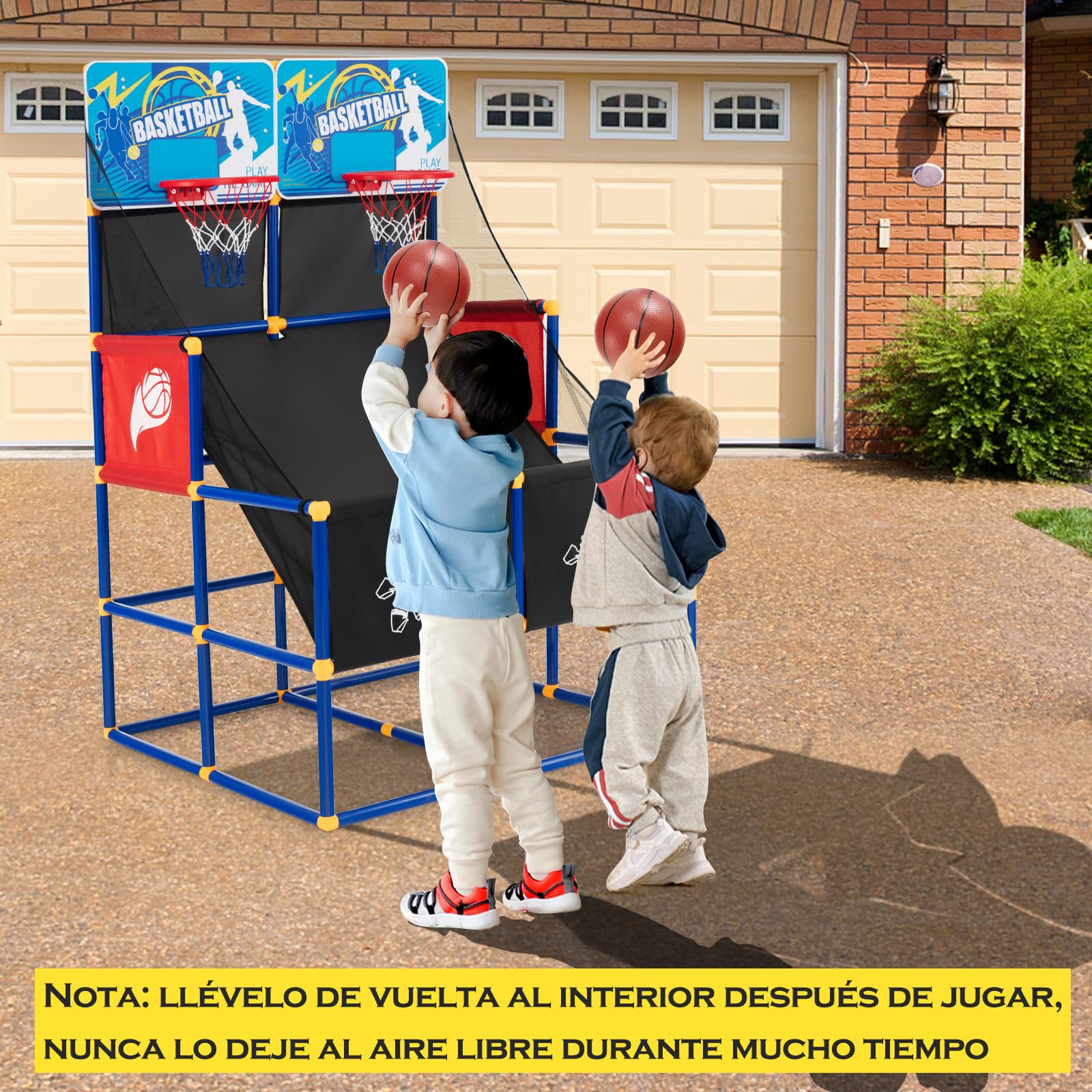 GYMAX Niños Arcade - Canasta de Baloncesto con Soporte, Juego de Baloncesto para 2 Jugadores, Incluye 2 Cestas, 4 Bolas, Bomba, Aro de Baloncesto para Interior