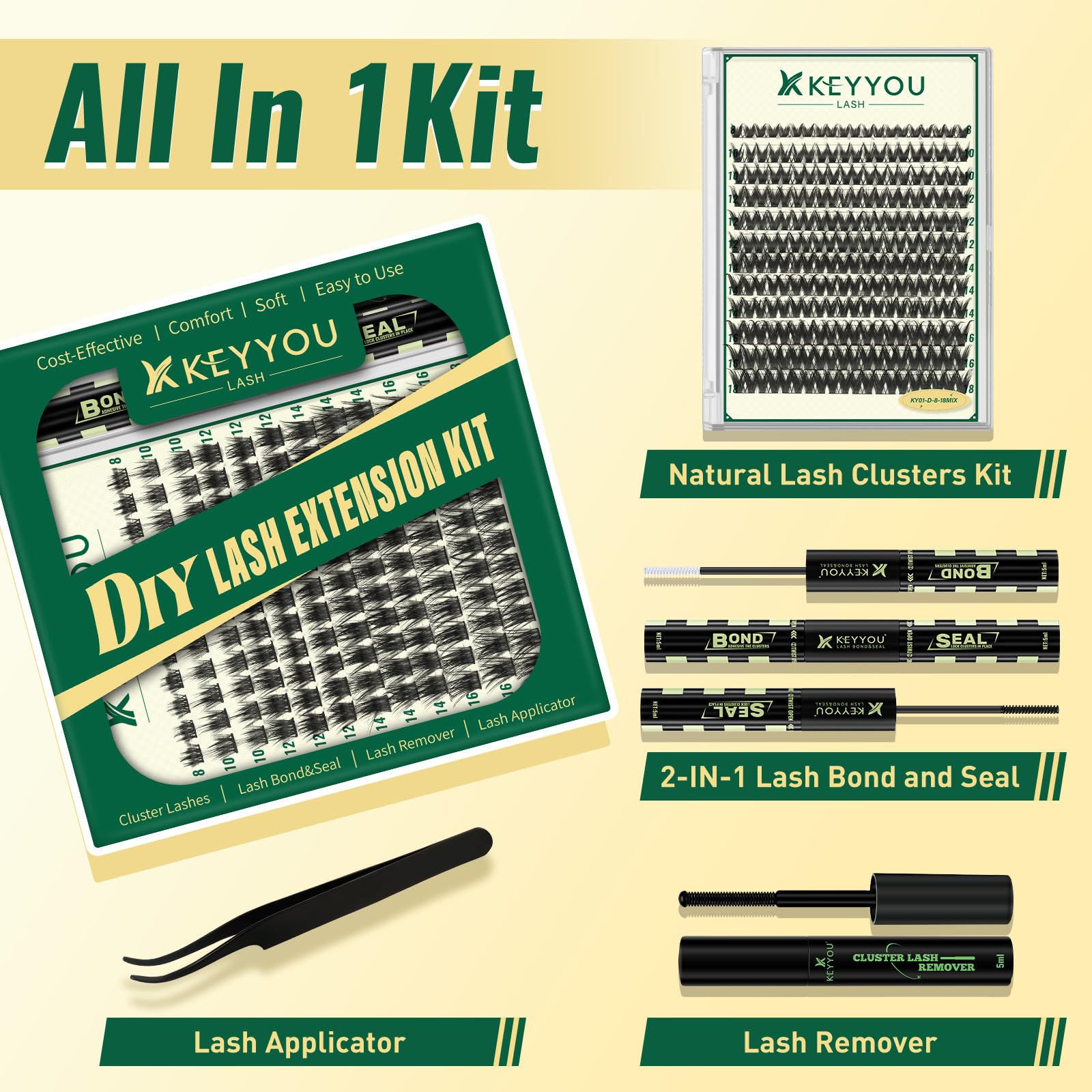 KEYYOU Cluster Lashes Kit 120pcs 8-16MIX Thick Volume Cluster Lashes Thin Band Lash Extension Kit with Bond and Seal,Remover,Applicators for beginner DIY Eyelashes at Home (KY01Kit) - Image 4