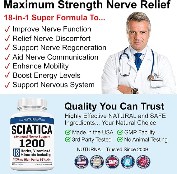 Sciatica Nerve Relief Supplement 1200 mg HP-99 Alpha Lipoic Acid - Maximum Strength ALA Sciatic Nerve Support for Lower Back Hip Buttock Legs & Feet - Ultra Potent 18-in-1 Natural Vitamins - 180 Caps