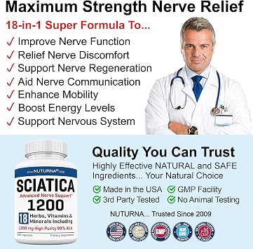 Sciatica Nerve Relief Supplement 1200 mg HP-99 Alpha Lipoic Acid - Maximum Strength ALA Sciatic Nerve Support for Lower Back Hip Buttock Legs & Feet - Ultra Potent 18-in-1 Natural Vitamins - 180 Caps