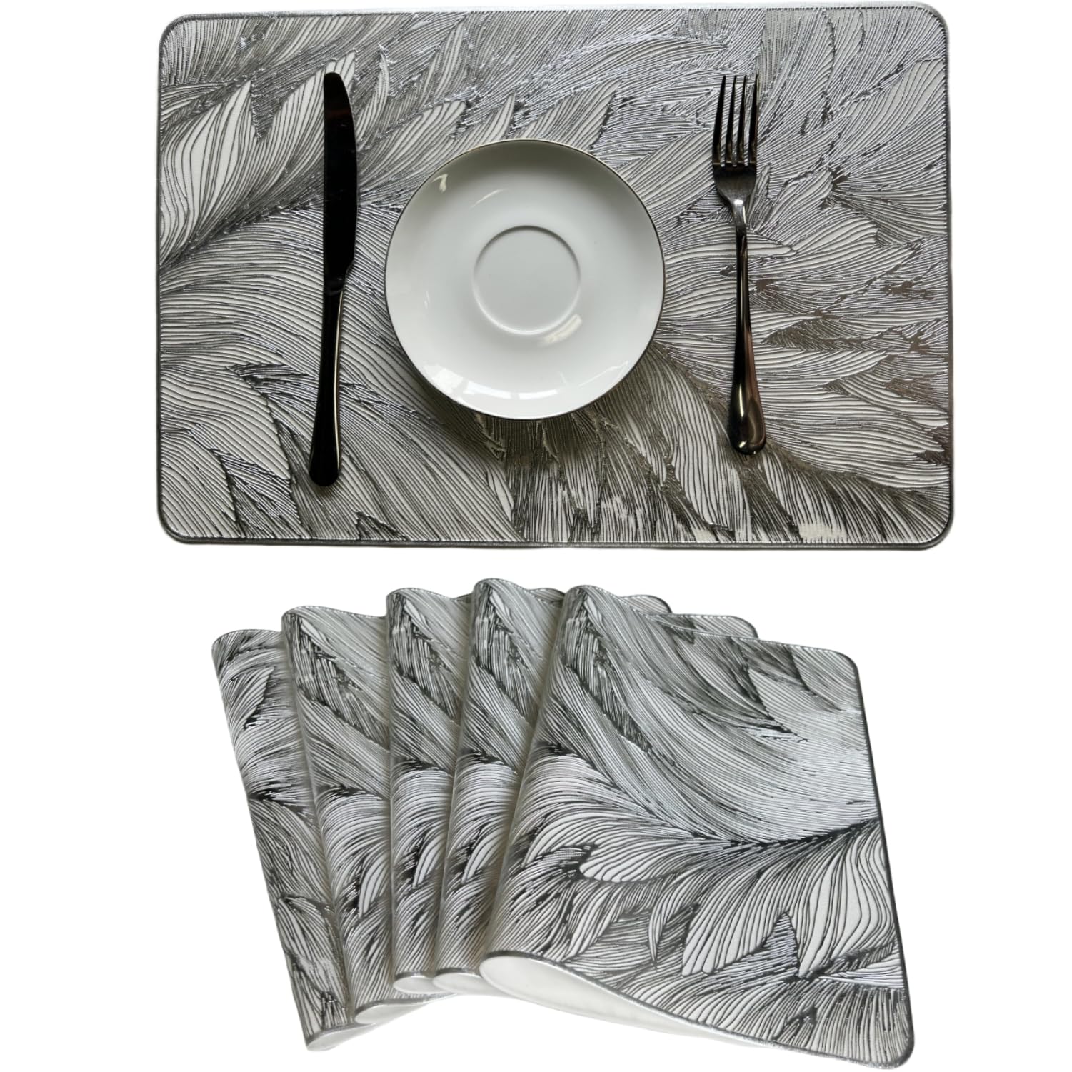 Modern Artistic Waterproof Washable Vinyl Heat Resistant Anti-Slip Placemats, Set of 6 Leaf Shaped Stripes Dining Table Mats for Home and Restaurant (Silver)