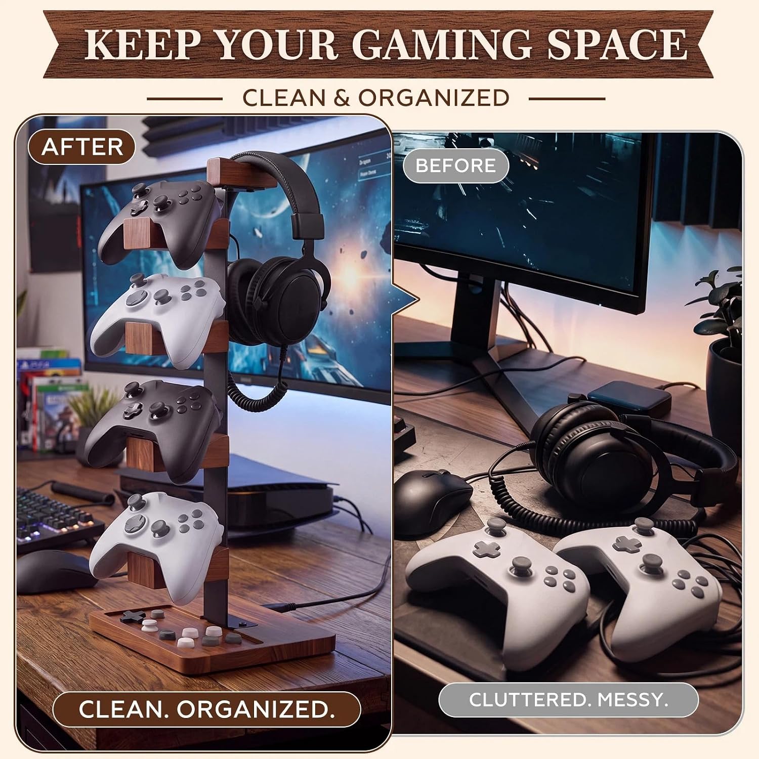 Foilswirl Wood Gaming Controller Stand for 4 Controllers and 1 Headset | Metal Frame, Vertical Display, Space Saving, Walnut Finish, Gaming Room Decor, Desk Organizer Accessories, Gift Idea
