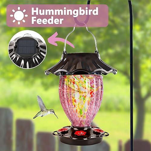 Miniatura 3 de LUJII Comedero solar para colibríes para colgar en el exterior, vidrio soplado a mano en forma de trofeo, resistente a la intemperie, linterna