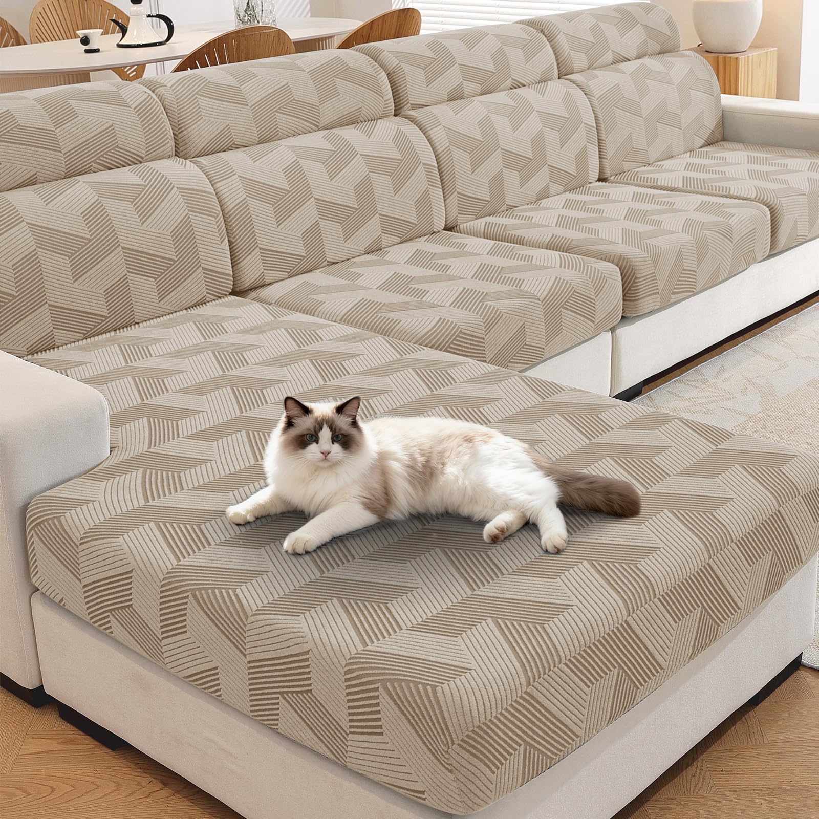 XINEAGE Sofa Seat Cushion Cover, Geometrical Jacquard Couch Cushion Slipcovers Stretch, Replacement for Individual Cushion with Elastic Bottom & Non-Slip Strap (1 Seater, Khaki)