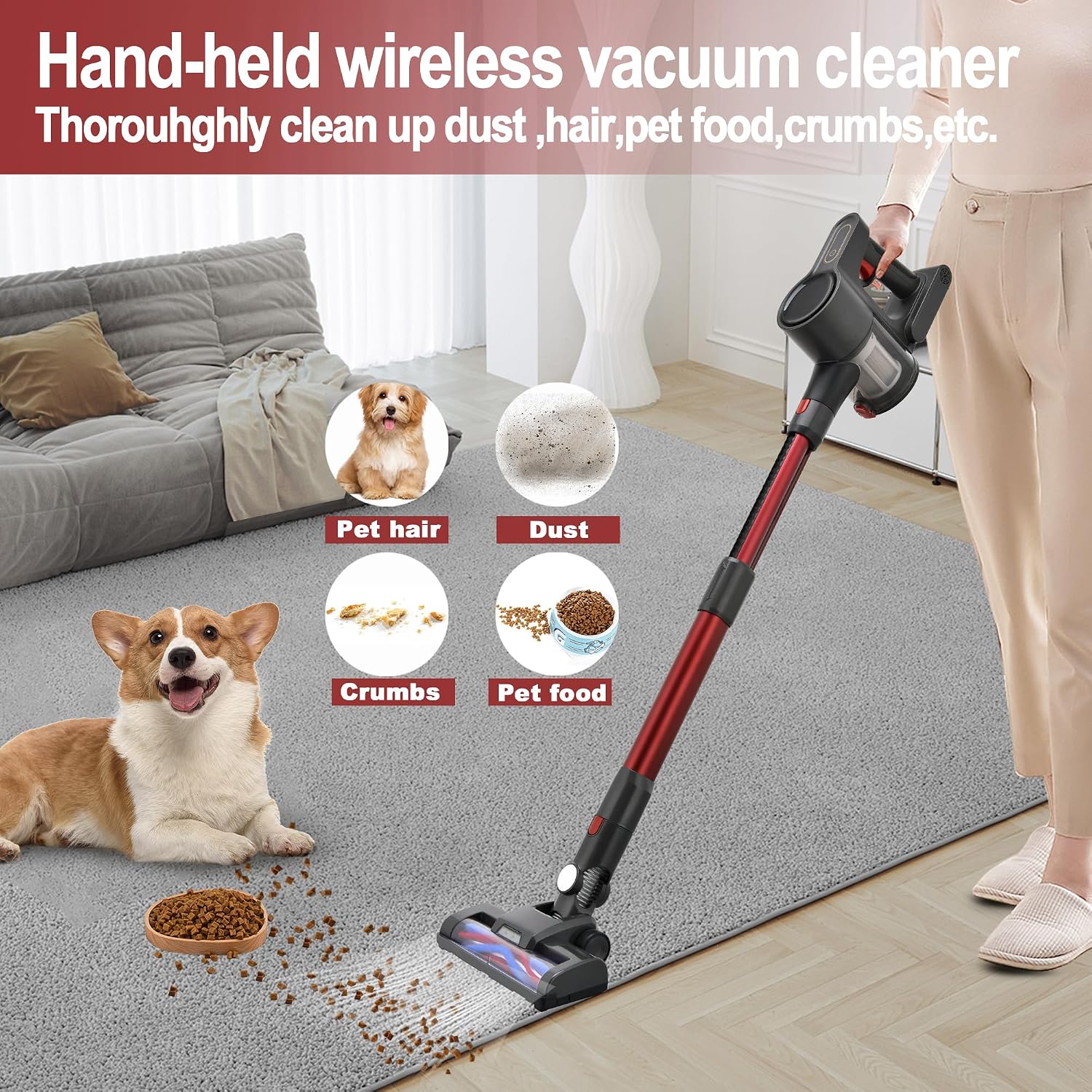 Cordless Vacuum Cleaner, Powerful Brushless Motor, 6-in-1 Lightweight Vacuum Cleaner, Wall-Mounted with LED Display and Motor Mop Light for Pet Hair/Hardwood Floors/Cars（Gray） image 4
