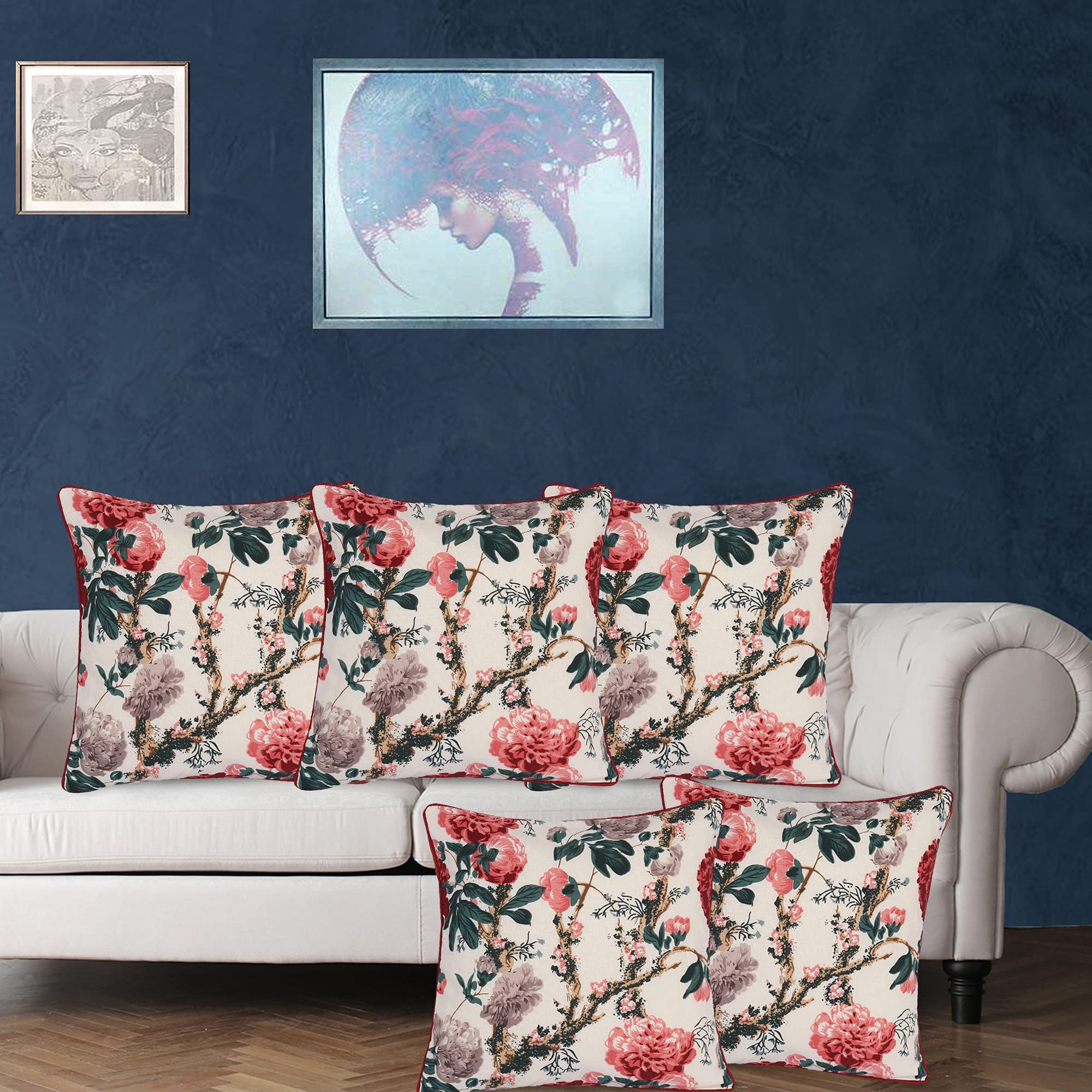 S N TRADERSMaroon Silk Cotton Cushion Cover Flowers Design 16x16 Set of 5 (Maroon)