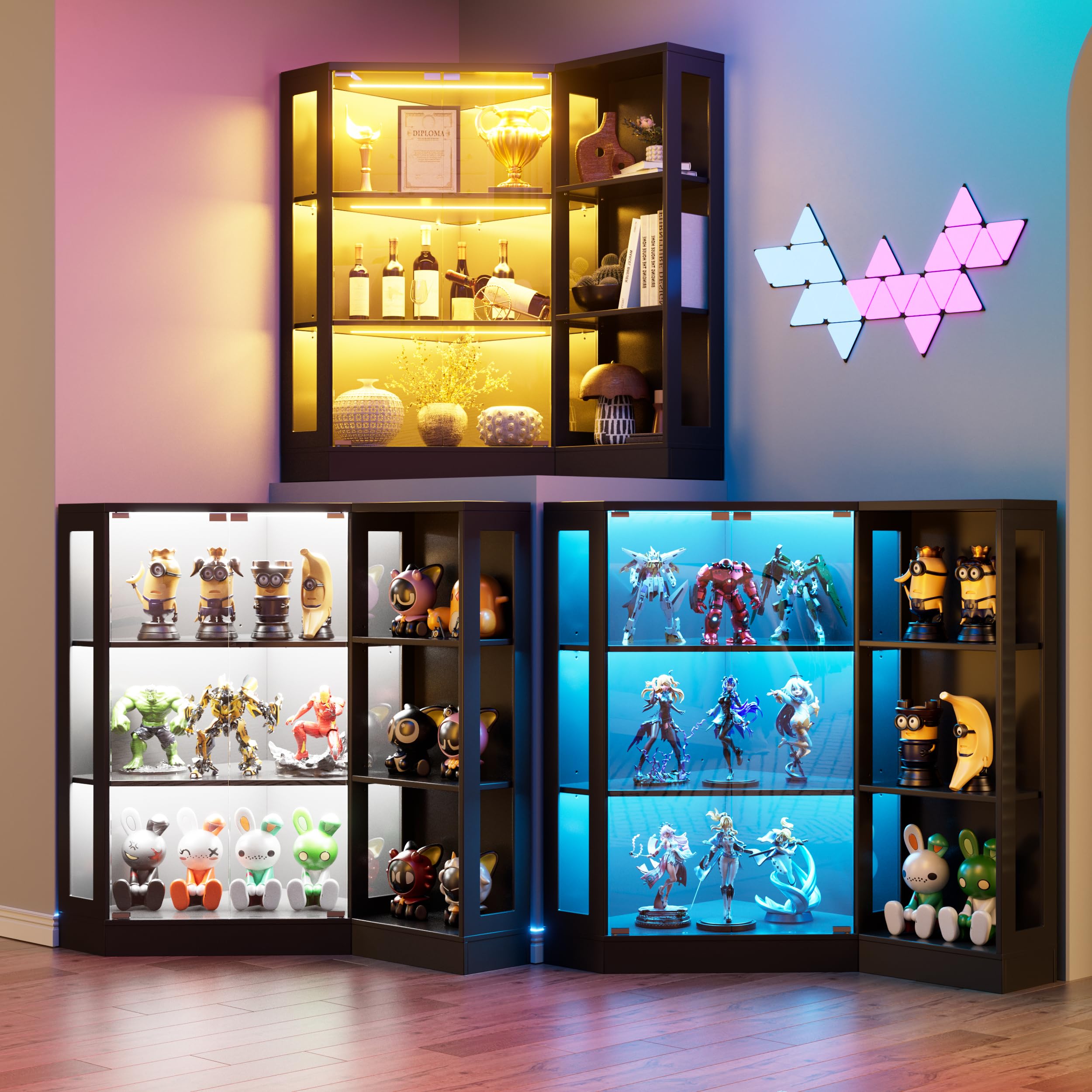 Vitrina de Cristal con LED,Vitrina Expositora Esquina para Colecciones de 3 Pisos,Puertas de Vidrio Templado Apertura por Presión,Estantes Ajustables,Para Sala, Oficina, Colecciones,100x116.5x60cm