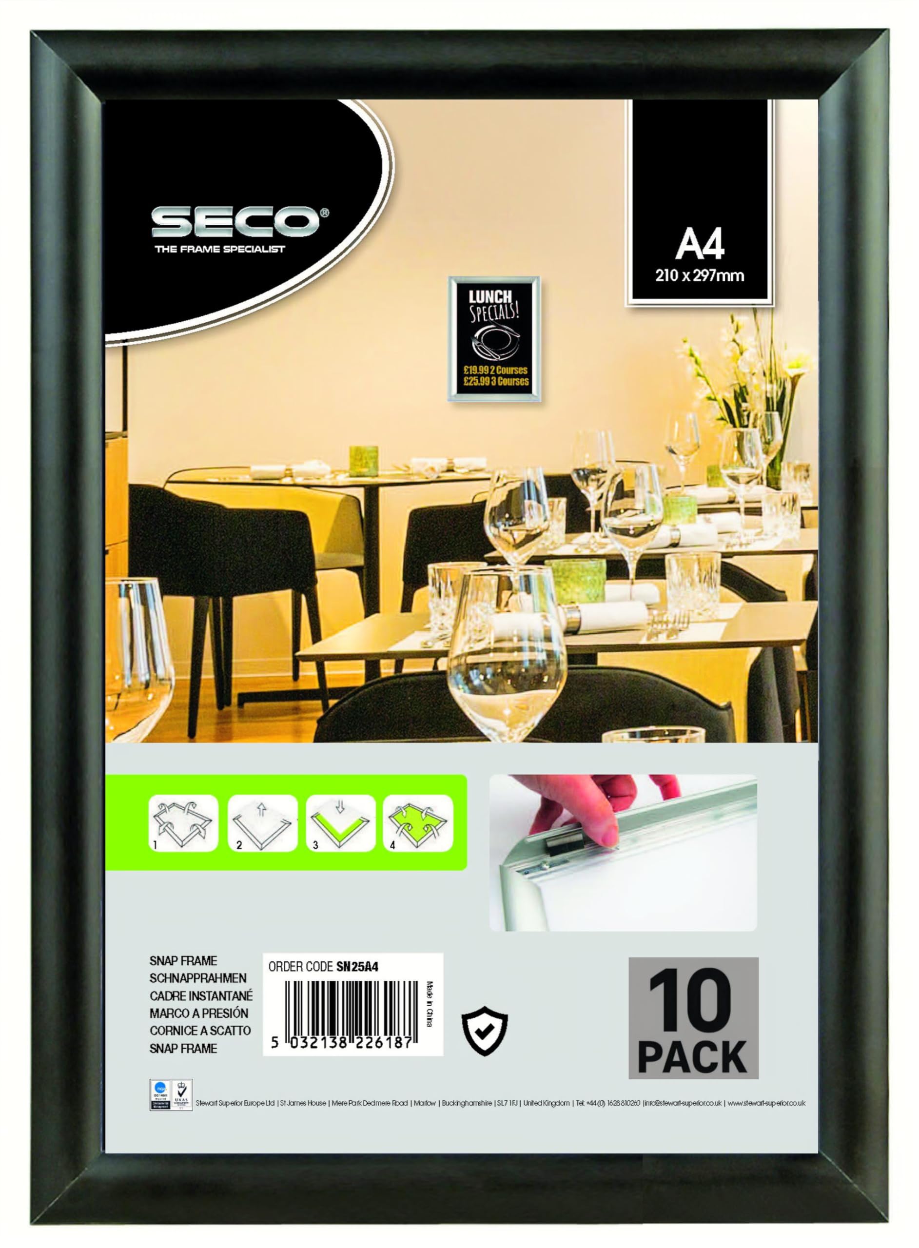 Stewart Superior A4 Aluminium 4 Sided 25mm Front Loading Picture/Poster Snap Frame - Black (Pack of 10)