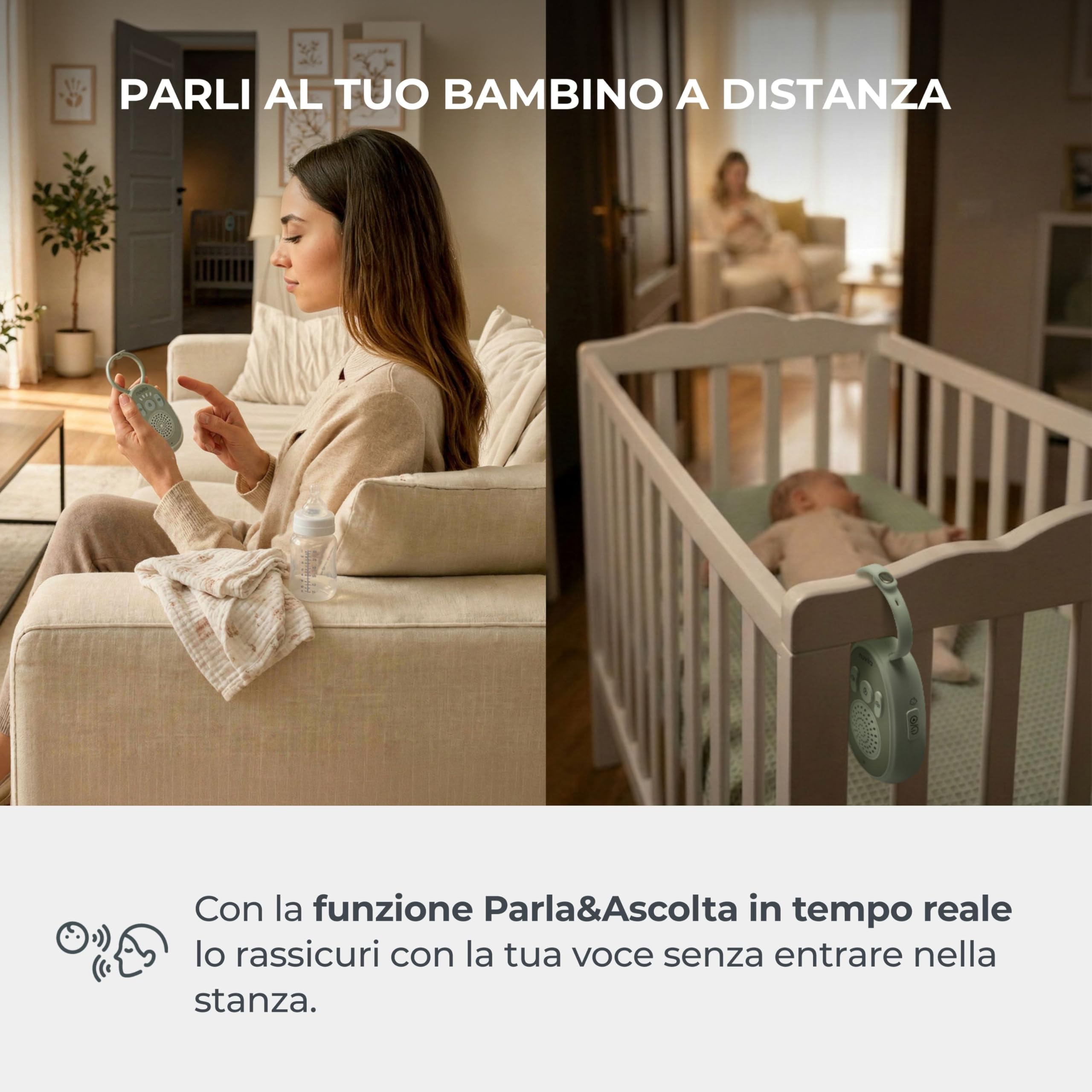 Nuvita 3020 Baby Monitor Audio con Rumore Bianco – Connessione Sicura 2.4 GHz, Audio Bidirezionale, Ricaricabile, Fino a 30h di Autonomia, Ninne Nanne e Timer