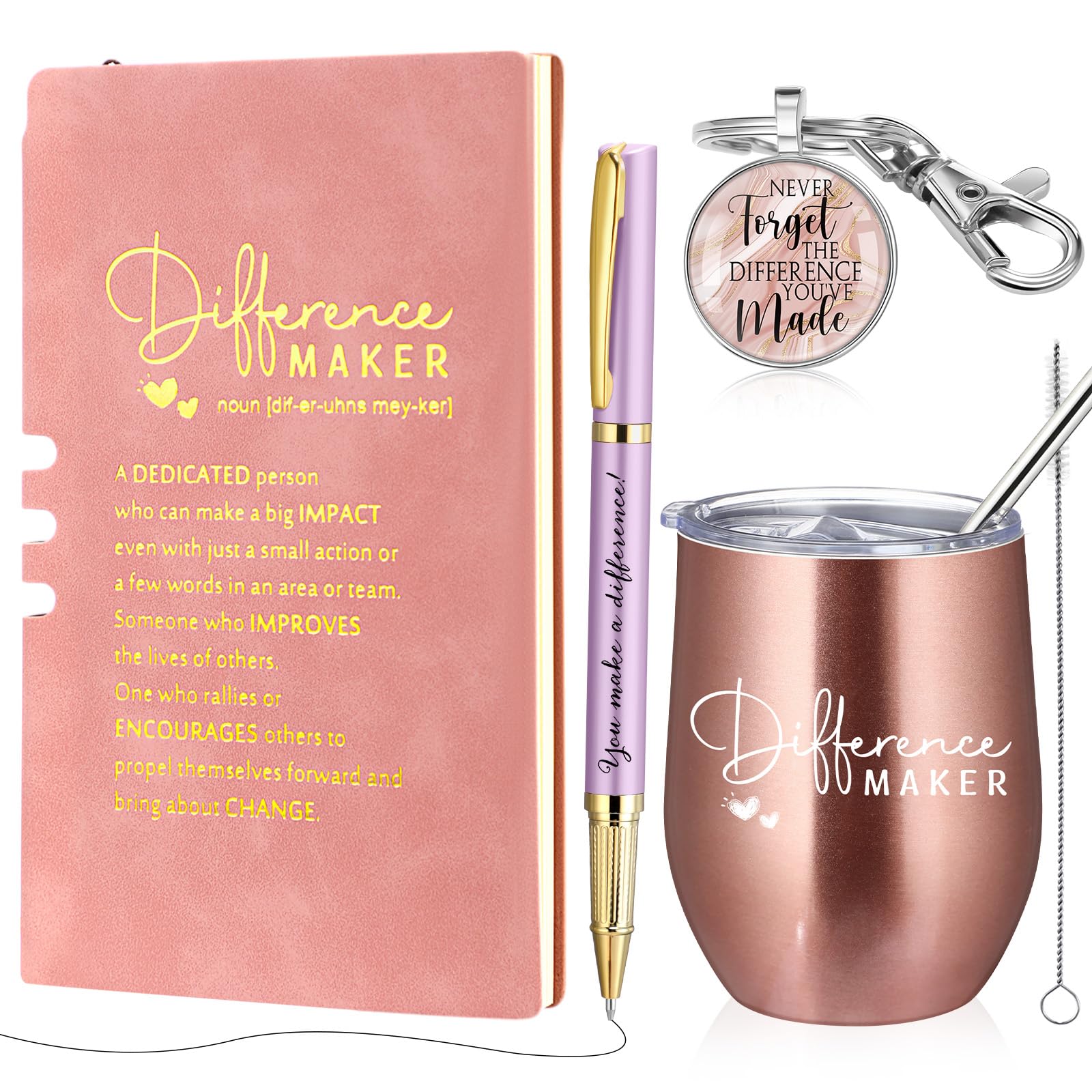 Reallnaive 4 Pcs Difference Maker Gift Inspirational Journal Ballpoint Pen Tumbler Thank You Keychain Staff Appreciation Gifts Bulk for Women Wen