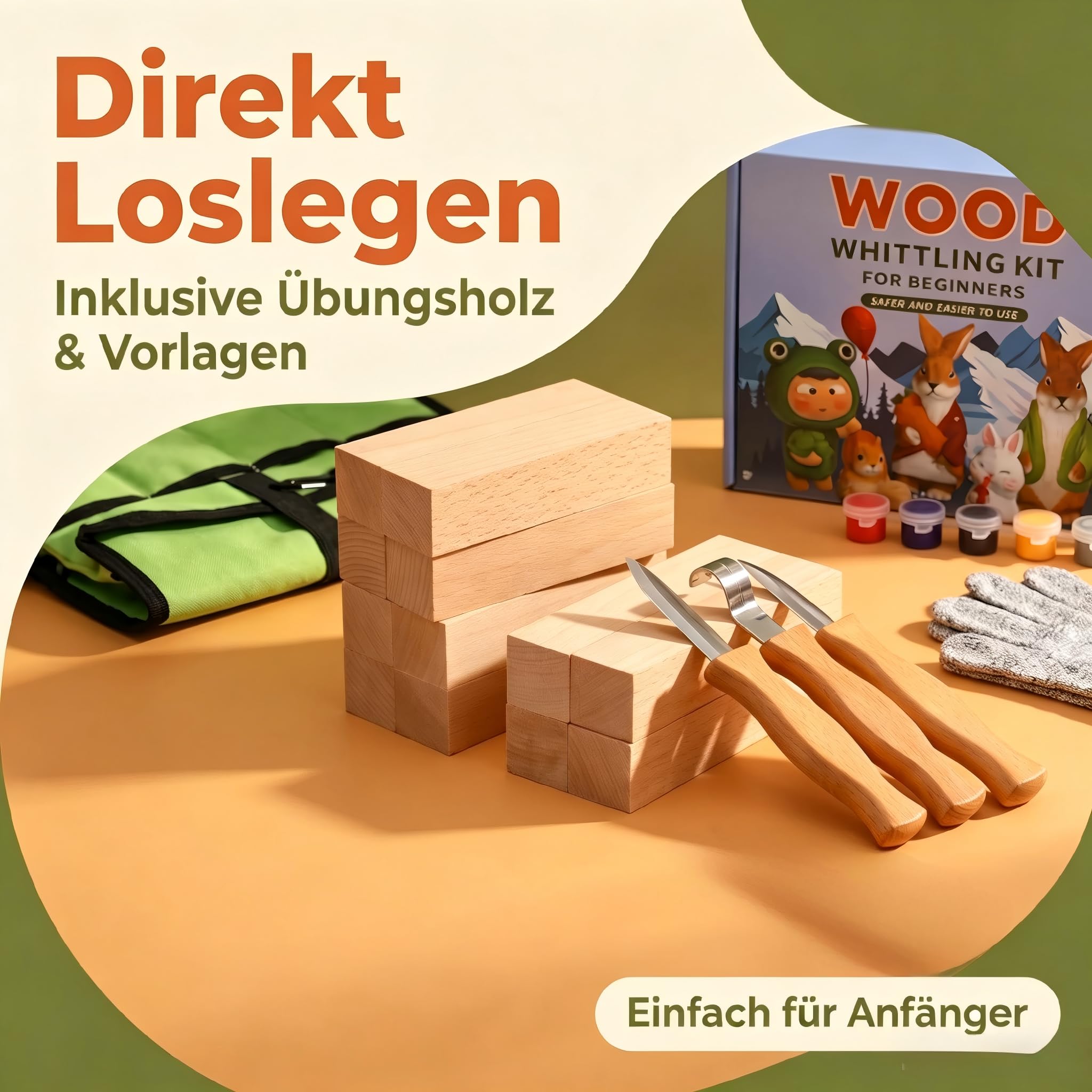 29-Teiliges Schnitzset Kinder ab 8 Jahre – Holzschnitzwerkzeug Set mit 5 Schnitzmessern | Komplettes Schnitzmesser Kinder ab 8 Set inkl. Schnittschutz Stufe 5, Holz, Malset & Geschenkbox