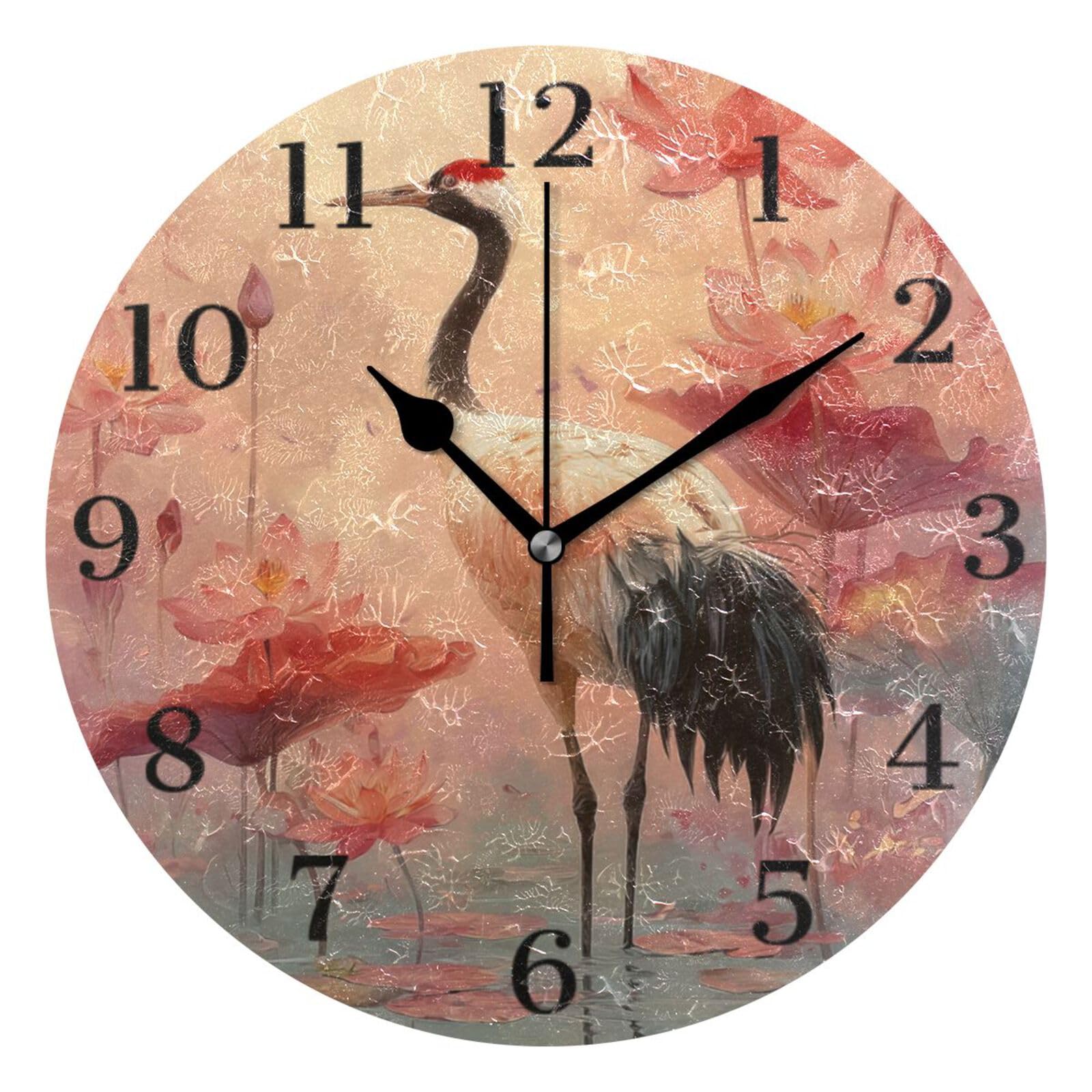 Ensound White Crane Lotus Flower Wall Clock Silent Non-Ticking Battery Operated Clocks 12 Inch for Kitchen Home Living Room