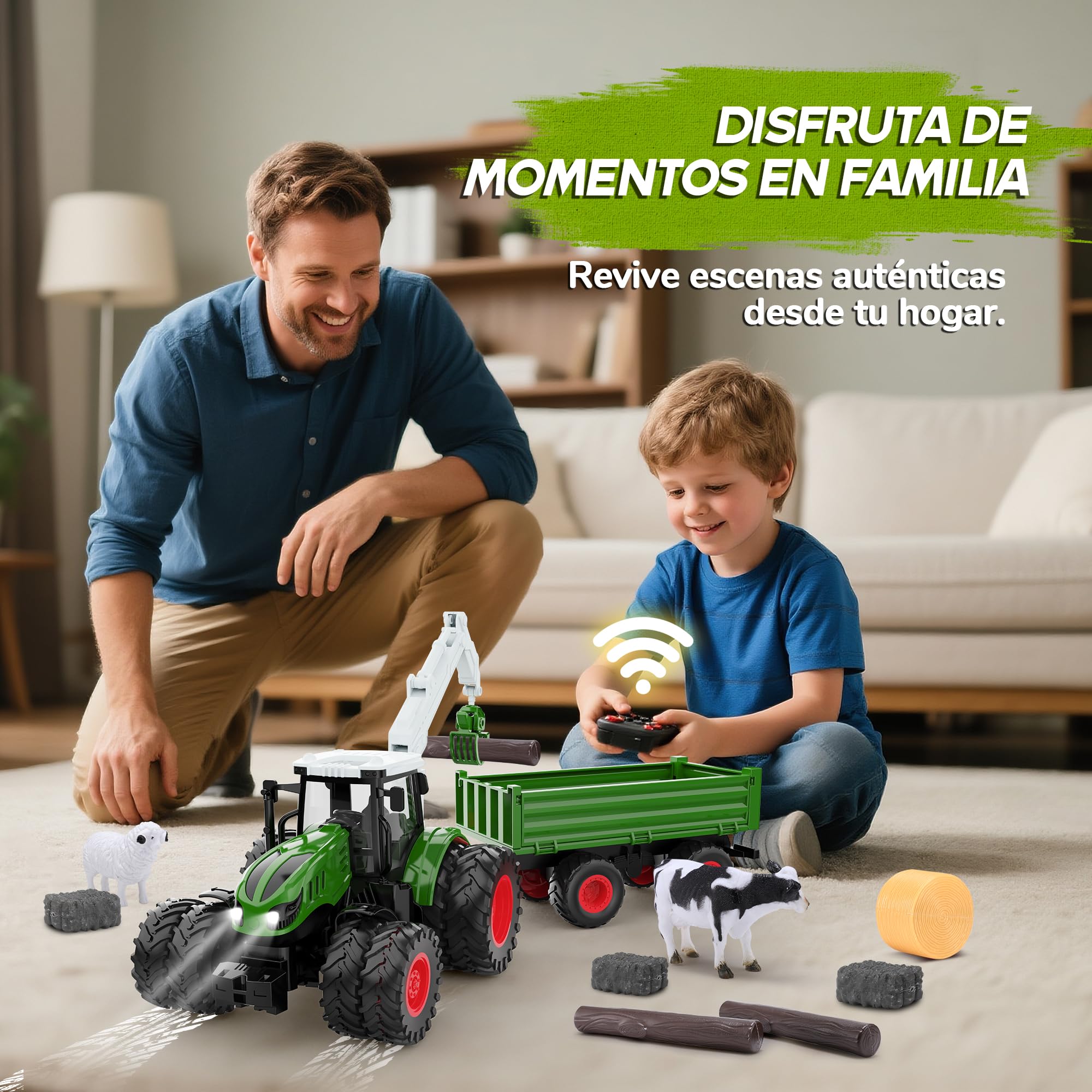 HappyGoLucky Tractor Teledirigido para Niños, 2.4GHz, 1:16 Tractor Juguete con Luz, Camion Teledirigido Regalo Niño 4-12 Años, Coches para Niños Juguetes Niños 3-9 Años, Regalo Navidad Niño Halloween