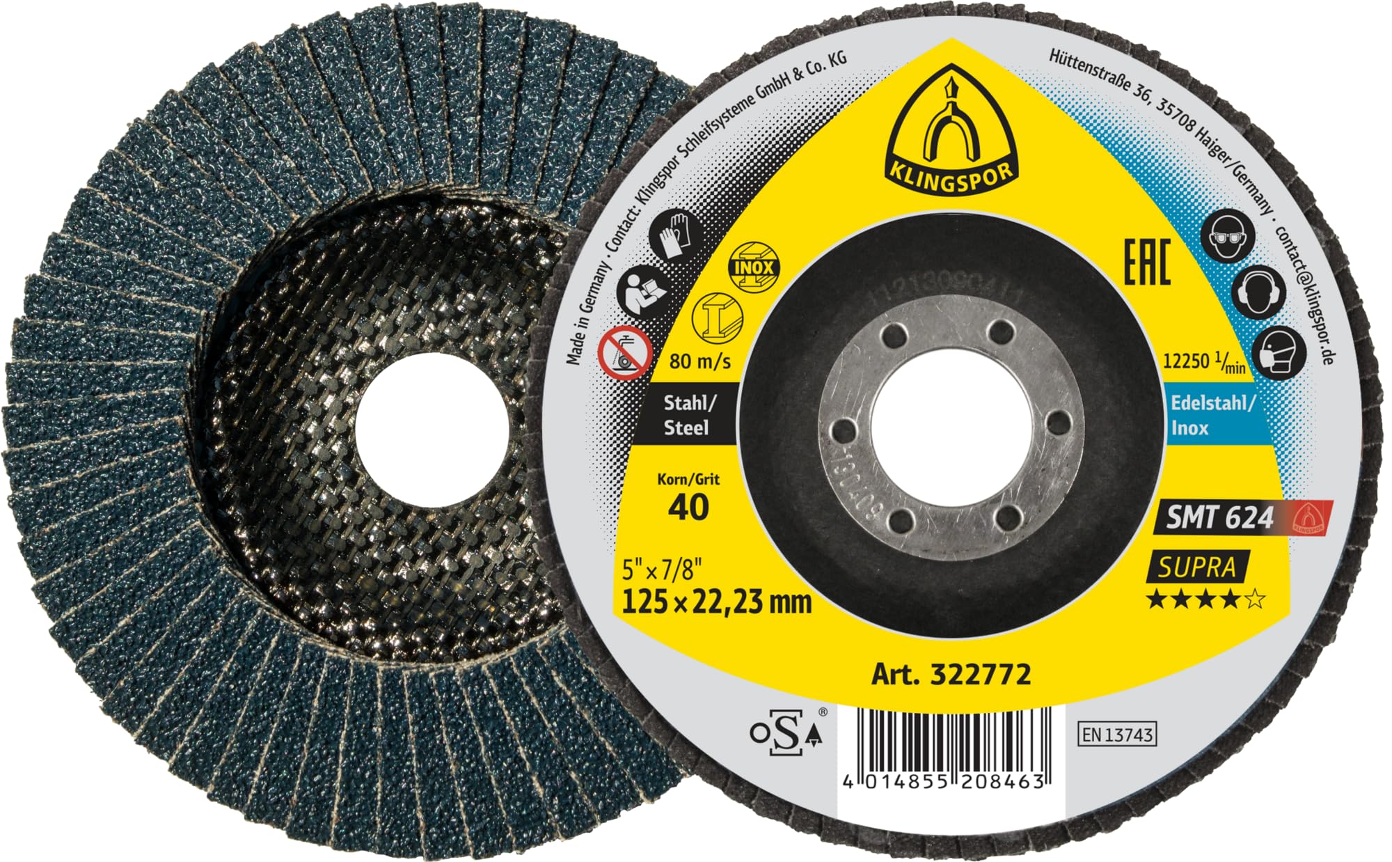 SMT 624 Supra Schleifmopteller Fächerscheiben 125 x 22,23 mm Korn 40 gewölbt für Edelstahl und Stahl 322772 | 10 Stück