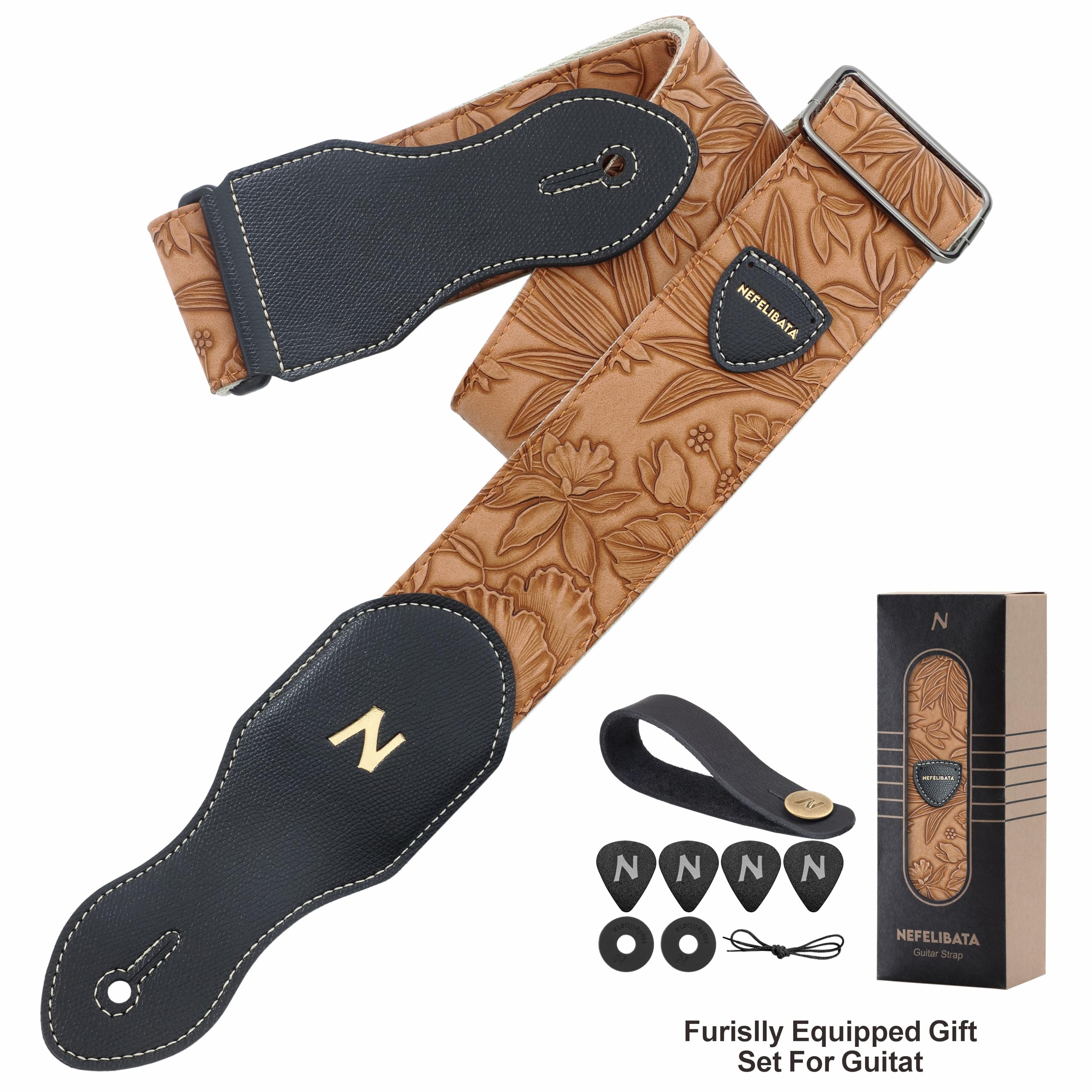 Nefelibata Gitarrengurt mit Plektrumtasche, 2,3-Zoll-Veganes Leder-Gitarrengurte im Porter-Stil, 60er-Jahre-Western-Vintage-Stil mit Plektren, Gurtknopf und Gurtschlössern