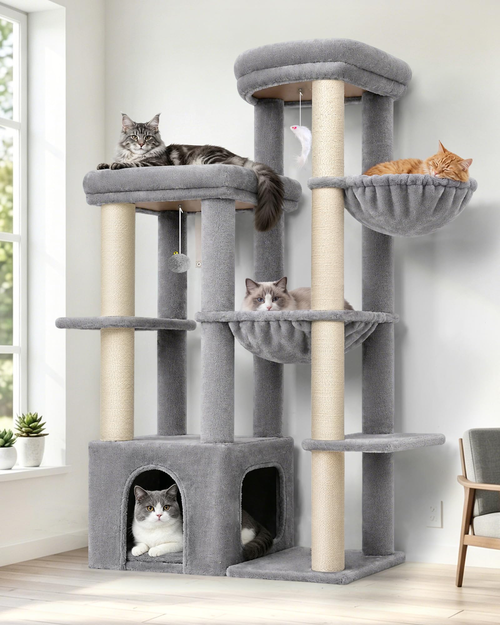 Globlazer F57B キャットタワー 大型猫用 多頭飼い 多機能 据え置き型 付き ハンモック 高さ167cm ライトグレー